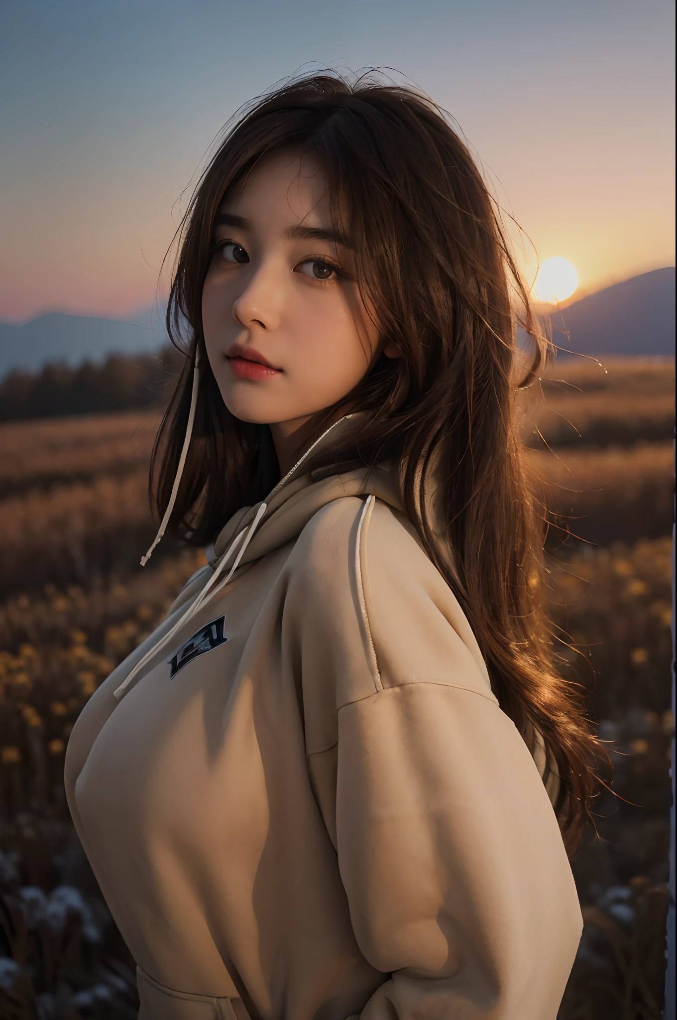 ((top-quality、8K、​masterpiece:1.3))、1girl in、Beautiful woman standing on snowy mountain:1.3、(brown long-haired、Colossal tits:1.4)、(Big Silhouette M51 Field Hoodie:1.5)、Super delicate face、Delicat eyes、二重まぶた、Close-up of upper body from below、Sunset、
