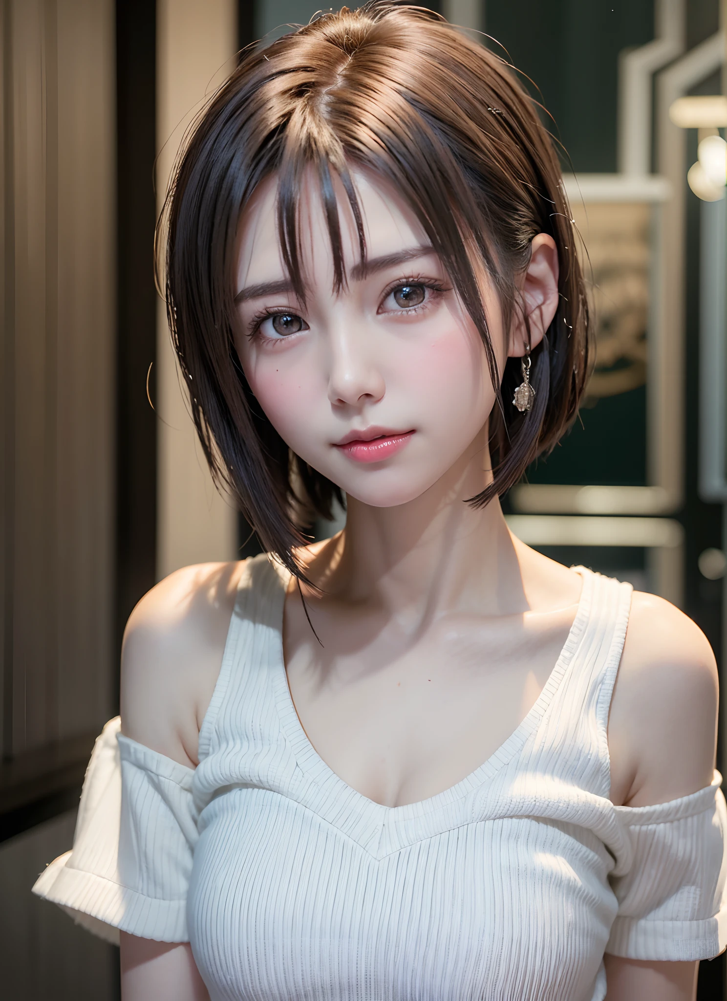 (8K, Photorealistic, Raw photo, of the highest quality: 1.3), (1girl in), Super beautiful, (Realistic face), (boyish, Silver Color Berry Shorthair), Beautiful , Glare that captivates the viewer, Beautiful expression, Beautiful breasts, (Realistic skin), Beautiful...