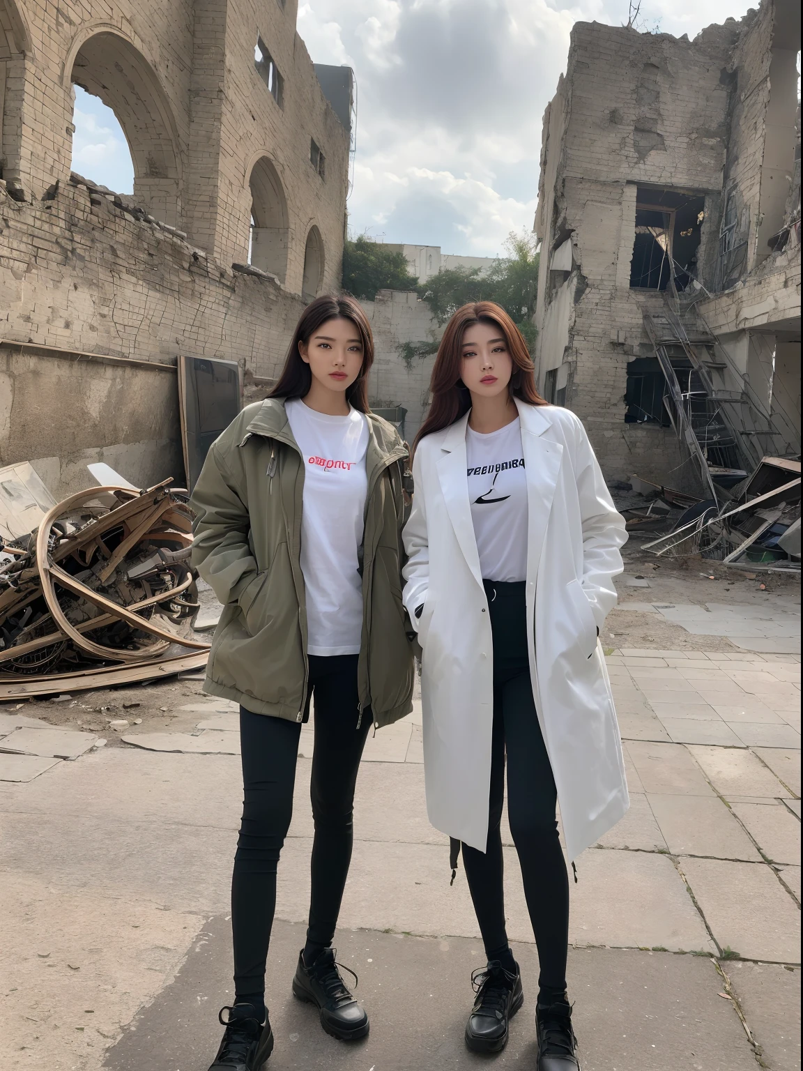 ((Need, 8K, tmasterpiece:1.3,Exquisite and perfect facial features)), full bodyesbian, Long legs, Focalors:1.2, perfect figure beautiful woman:1.4, in the style of futuristic,Urban functional style clothing,Thick cotton jacket,Stand in front of the ruins of a building,