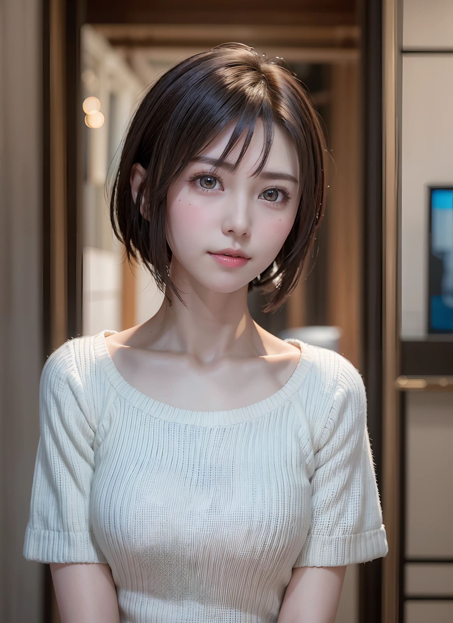 Summer knit with short hair and white, summer knit, Short hair, short hair with bangs, Cute face girl, Cute little face in portrait, French Bob, pale fair skin!!, soft portrait shot 8 k, Beautiful light eyes, Beautiful young girl, Young girl in a bob cut, Top image quality, masutepiece