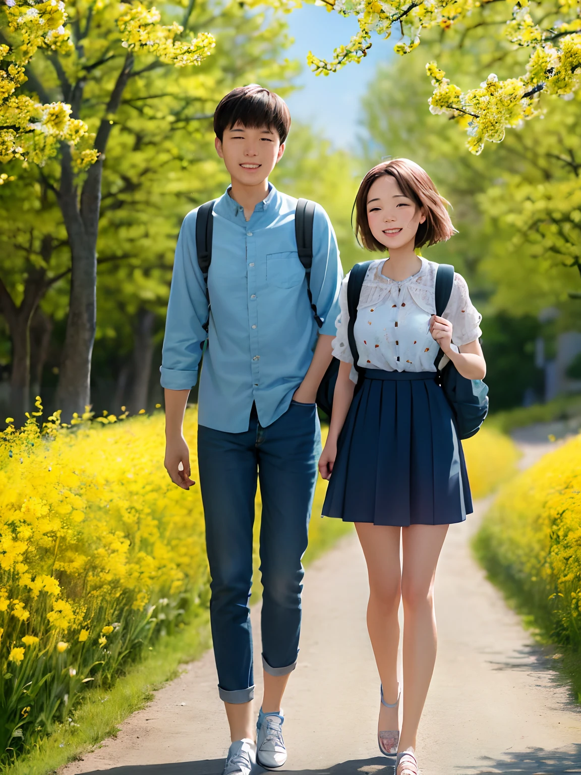 A very charming couple with a backpack and her cute puppy enjoying a lovely spring outing surrounded by beautiful yellow flowers and nature. The illustration is a high-definition illustration in 4k resolution, featuring highly detailed facial features and cartoon-style visuals.