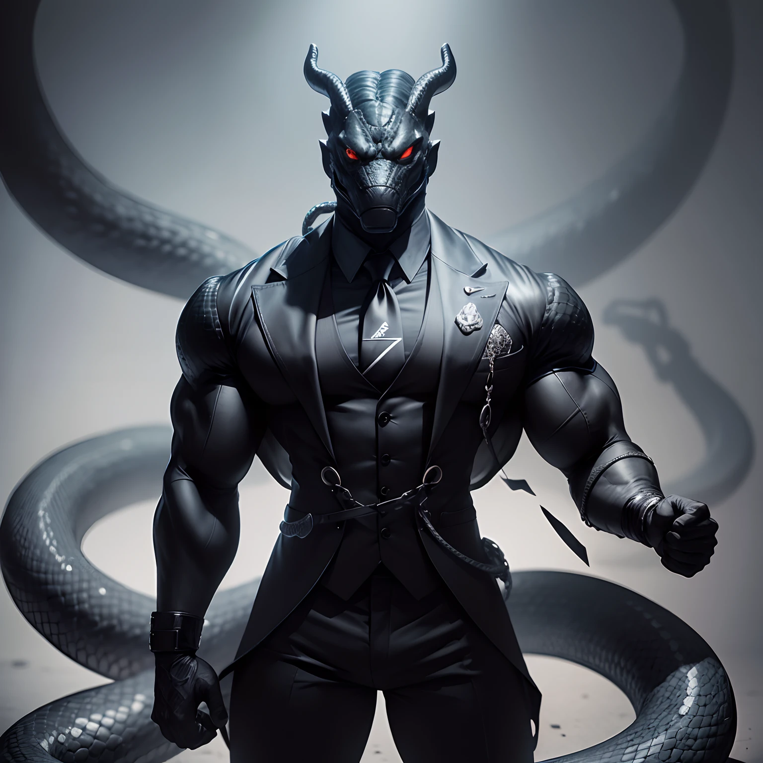 Humanoid snake muscled , with a snake's head black with a tail with 2 huge arms , in suit with a tie , full body