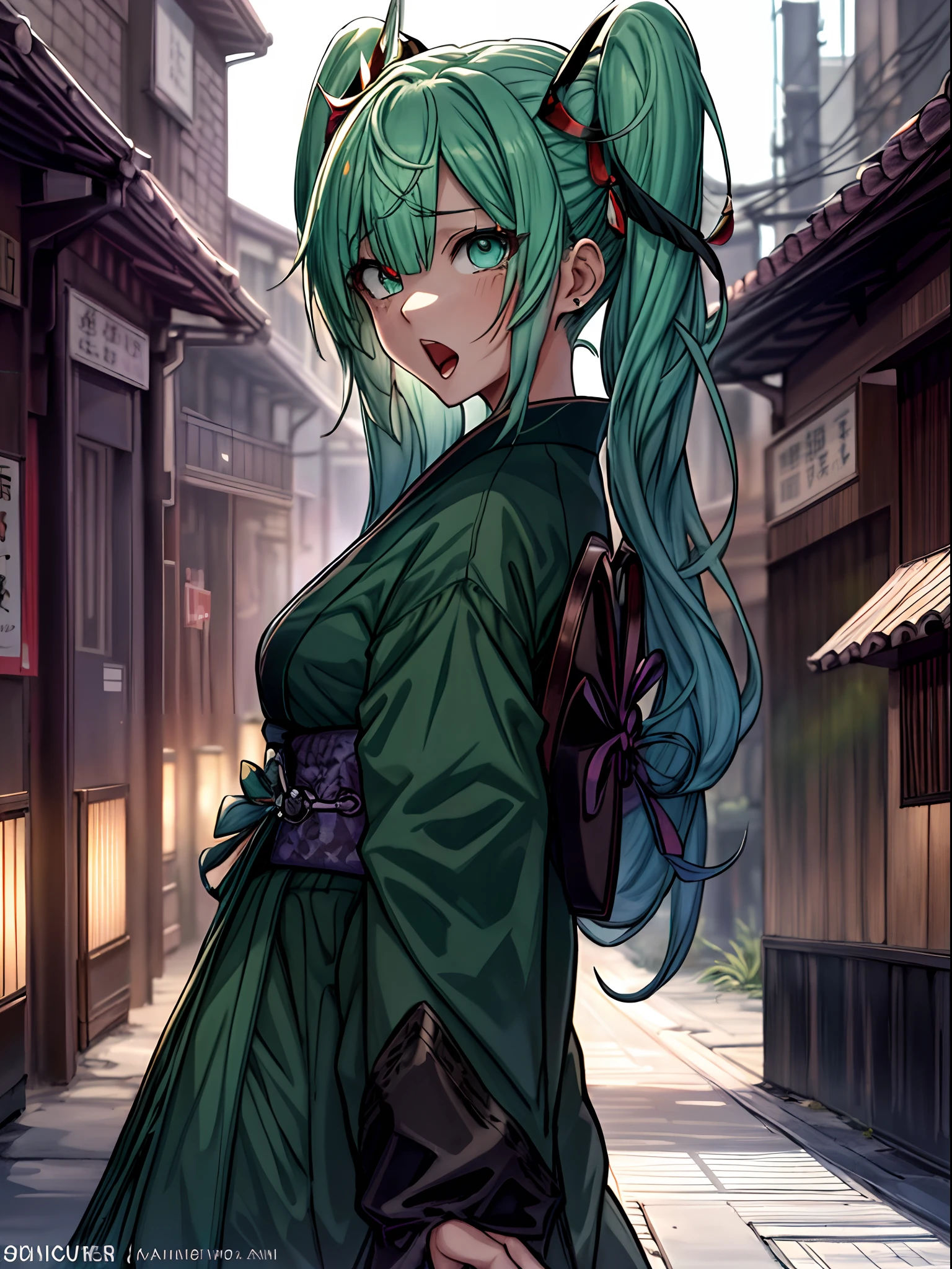 from the rear、from side、Full body、Japanese dress、Kimono Dresses、long、miku hatsune、Green hair、Twin-tailed、Ahegao ( Silly / Sexual ecstasy)、Cross-eyed、Stranger、View other people、Blunt bangs、 over-kneehighs,Ahegao , Silly,Sexual ecstasy,Drunken eyes,Blunt bangs, Green hair,(masutepiece:1.2, Best Quality), (finely detailed beautiful eye: 1.2), (Detailed background,Dark Fantasy), (beautifull detailed face), High contrast, (Best Illumination, extremely delicate and beautiful), ((Cinematic Light)), Colorful, Hyper Detail, Dramatic light, Intricate details,