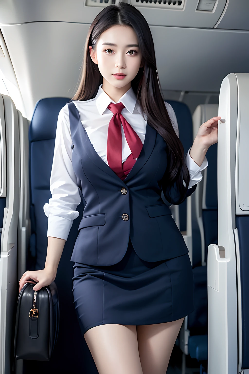 top-quality, masterpiece, 8K, 超A high resolution, (Photorealsitic:1.4), 1girl in、beautiful countenance、symmetrical eye、Colossal tits、Perfect body proportion、Stewardess uniform、Look at viewers、(Inside the plane:1.2)、front-facing view、Shoulder、long legged(1.3)、