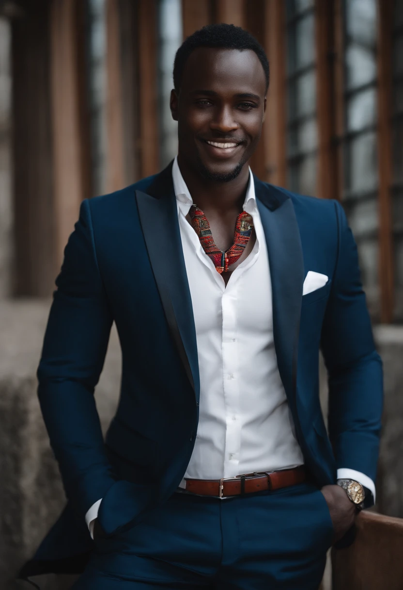 Homme africain, cinquantaine, petits yeux, Slight smile, cheveux gris, costume, devant ordinateur, image commerciale, Realstic, photo HD, high resolucion, costume, chemise, cravate, bureau, ordinateurs, costume noir, chemise bleue, cravate, rouge, cravate motifs africains;