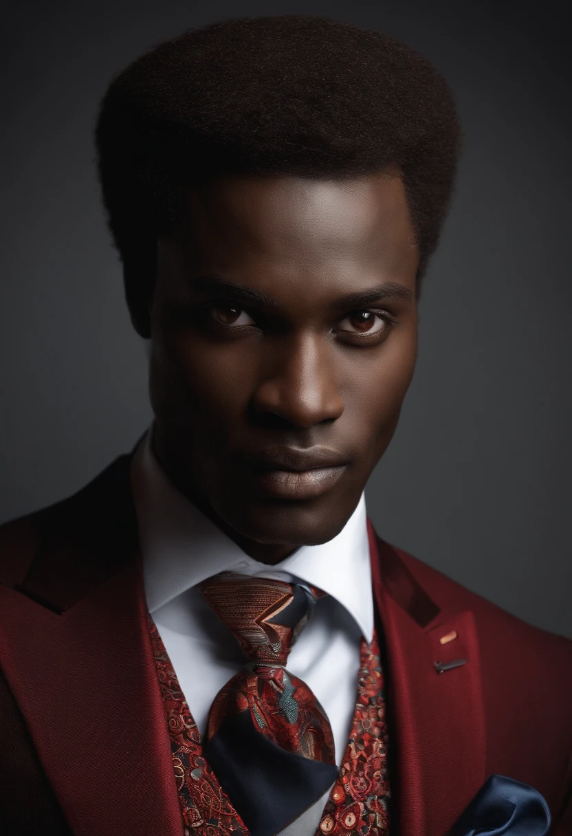 Homme africain, cinquantaine, petits yeux, Slight smile, cheveux gris, costume, devant ordinateur, image commerciale, Realstic, photo HD, high resolucion, costume, chemise, cravate, bureau, ordinateurs, costume noir, chemise bleue, cravate, rouge, cravate motifs africains;