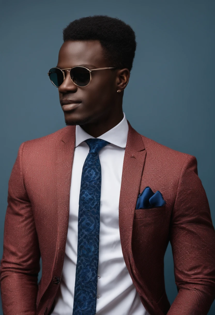 Homme africain, cinquantaine, petits yeux, Slight smile, cheveux gris, costume, devant ordinateur, image commerciale, Realstic, photo HD, high resolucion, costume, chemise, cravate, bureau, ordinateurs, costume noir, chemise bleue, cravate, rouge, cravate motifs africains;