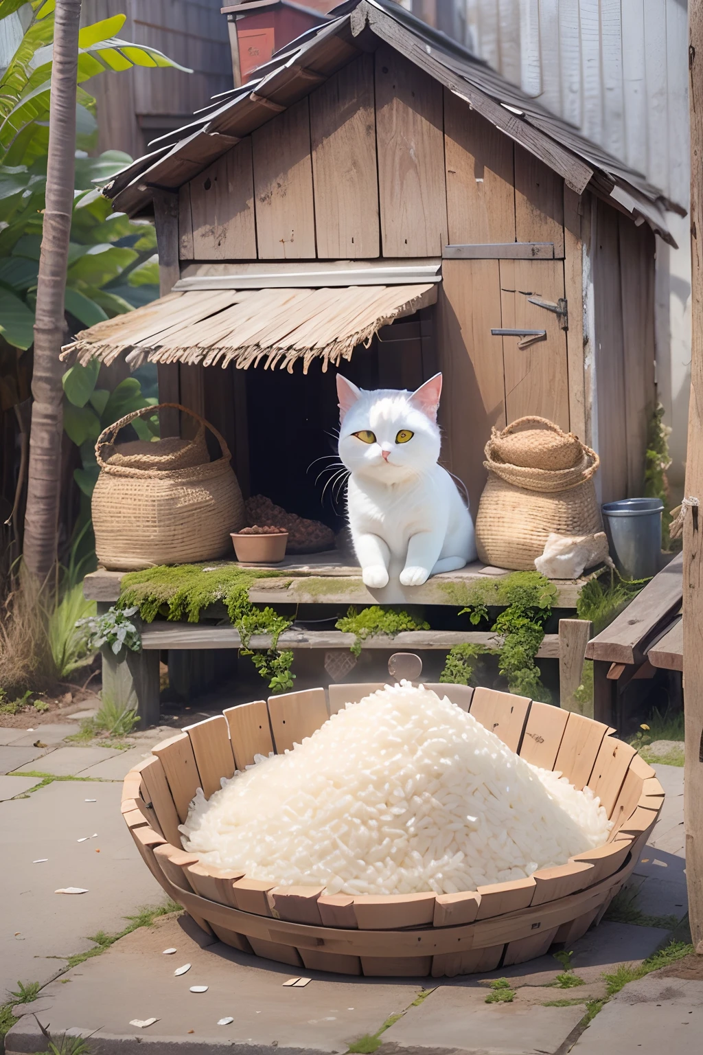 A round-eyed cute cat,Sit in front of the white rice barn, A few bags of white rice miscellaneous, streetview,
