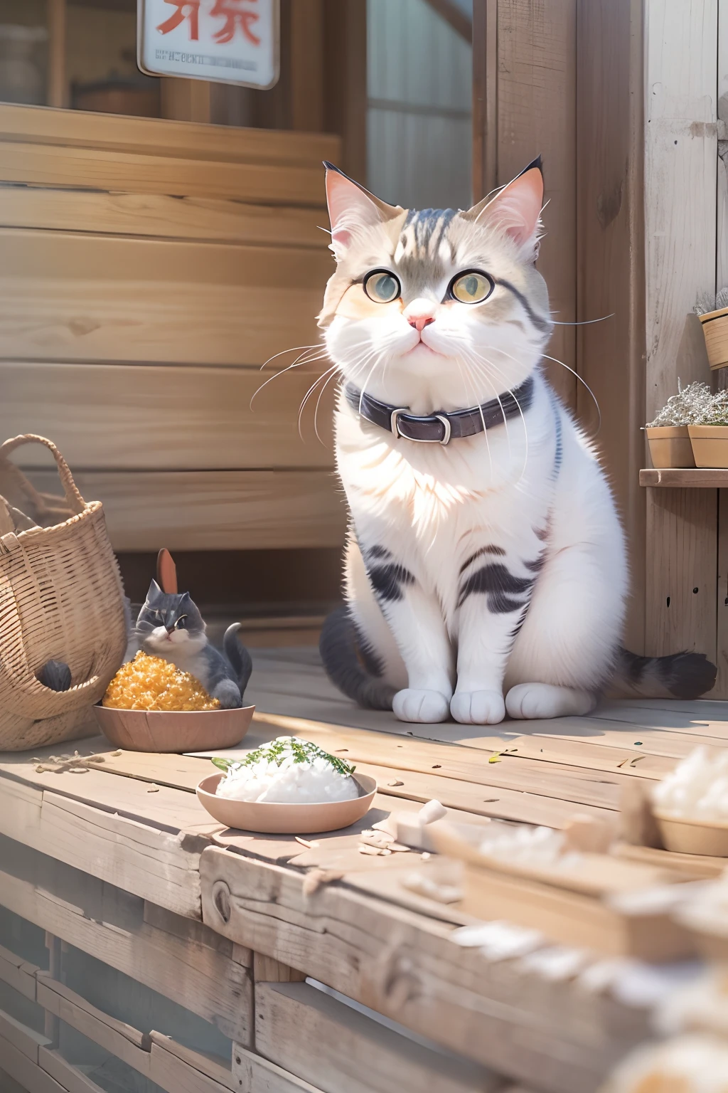A round-eyed cute cat,Sit in front of the white rice barn, A few bags of white rice miscellaneous, streetview,