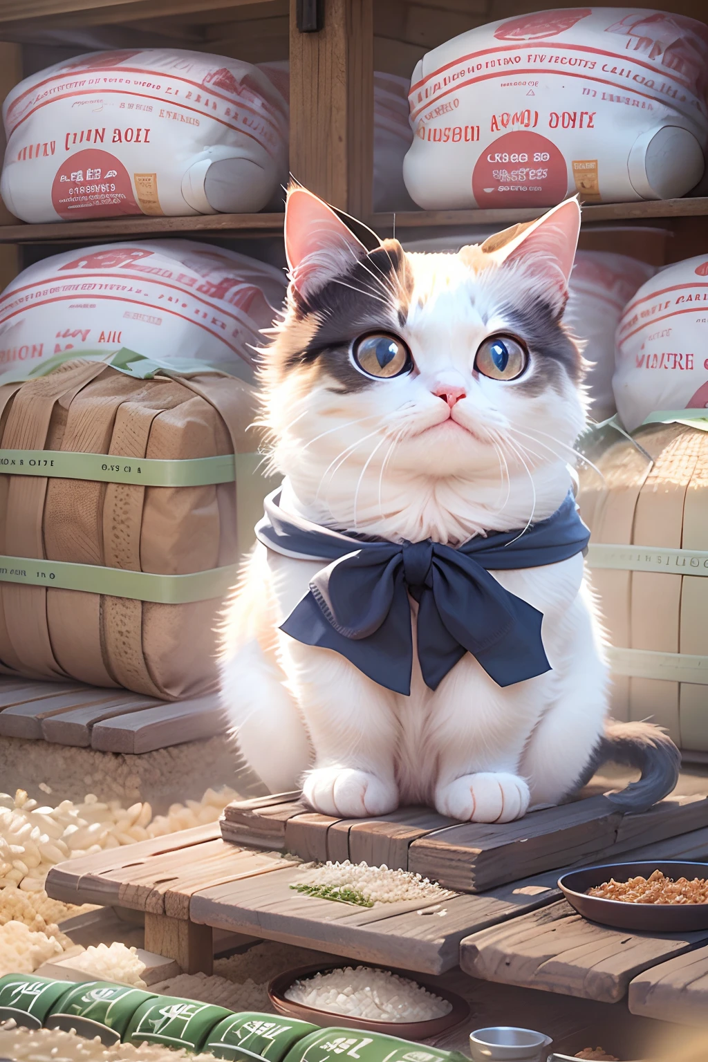 A round-eyed cute cat,Sit in front of the white rice barn, A few bags of white rice miscellaneous, streetview,
