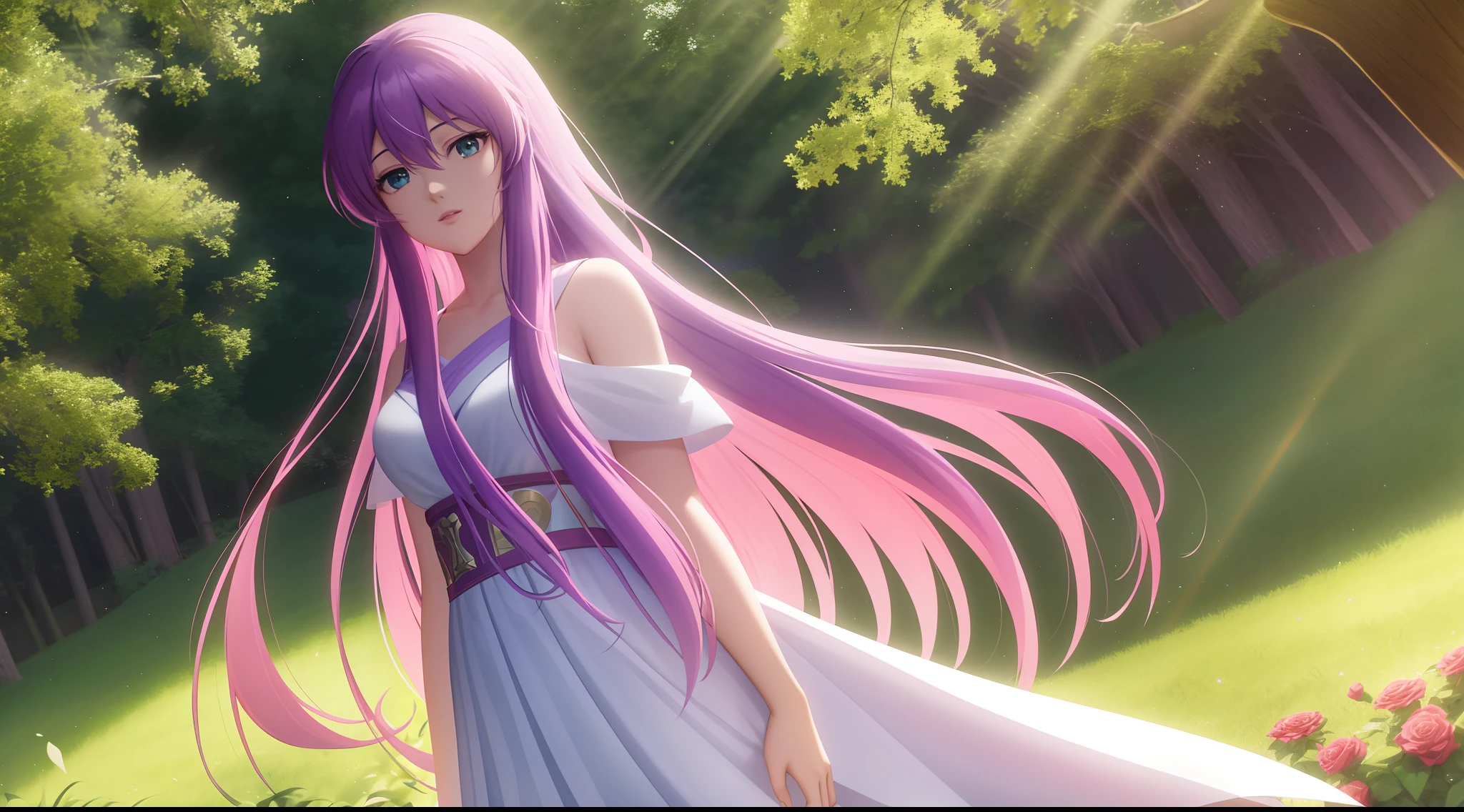 Kido_saori, Saint seiya athena with plain long light purple hair,green eyes,rosy cheeks,full lips,thin eyebrows,slender body,greek cloth and very long skirt,cute anime girl,full body,red roses field,anime style,Lumen Reflections,Screen Space Reflections,Diffraction Grading,Chromatic Aberration,GB Displacement,Scan Lines,Ray Traced,Anti-Aliasing,FXAA,TXAA,RTX,SSAO,Shaders,OpenGL-Shaders, GLSL-Shaders,Post Processing,Post-Production,cell Shading,Tone Mapping,CGI,VFX,SFX,insanely detailed and intricate, 4K,Kido_Saori, standing, solo, masterpiece, best quality, detailed face, detailed eyes, highres