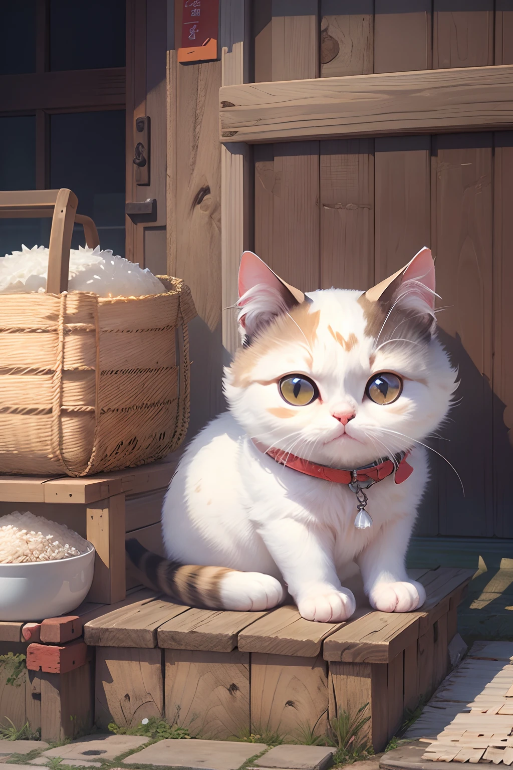 A round-eyed cute cat,Sit in front of the white rice barn, A few bags of white rice miscellaneous,  streetview,