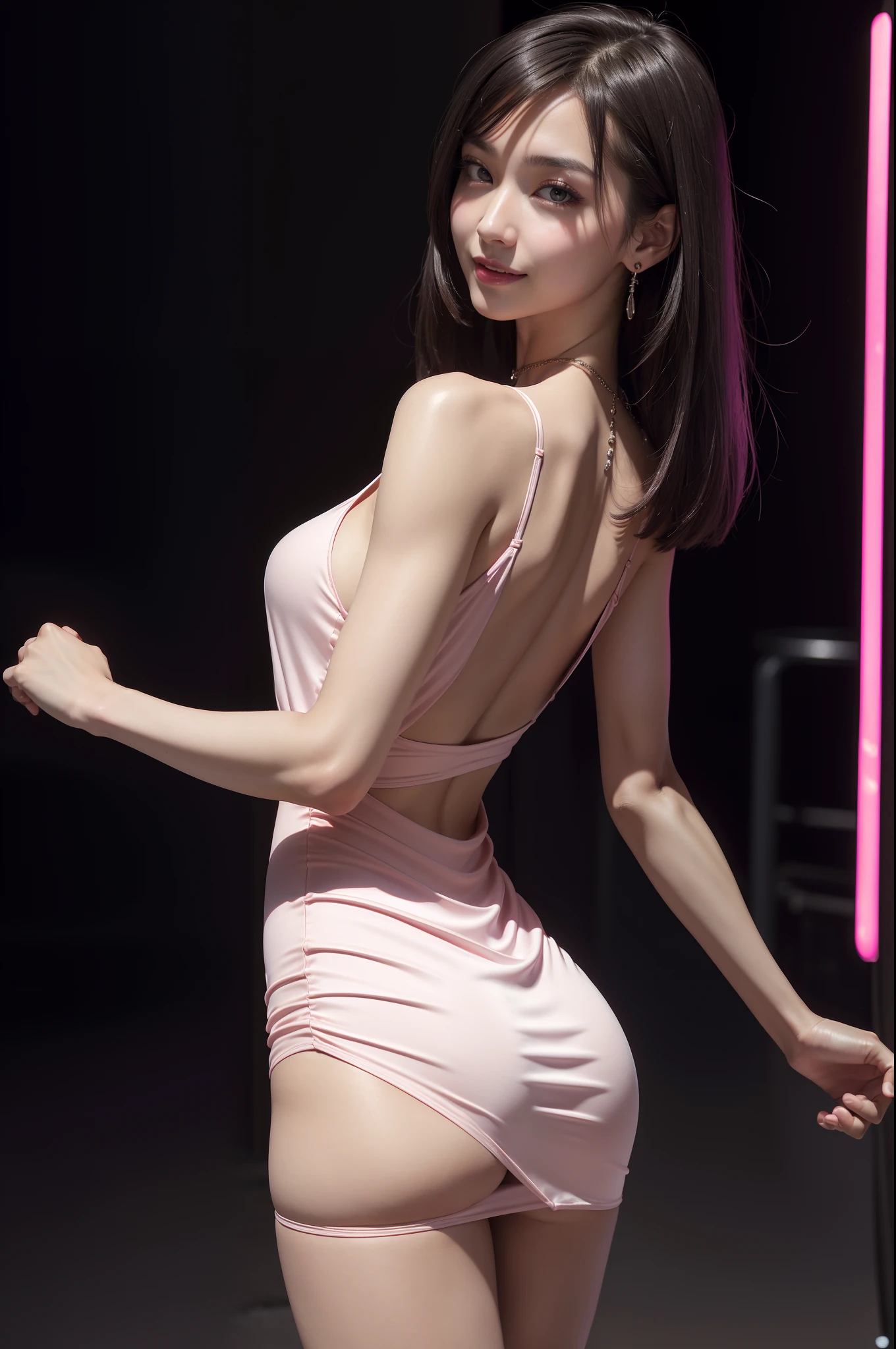 8K, Masterpiece, RAW photo, Best quality, detail:1.2),Photorealistic, Extremely detailed CG unified 8K wallpapers, Depth of field, Cinematic light, Lens flare, Ray tracing, (Extremely beautiful face, Beautiful lips, Beautiful eyes), intricate detail face, ((ultra detailed skin)) 1girl, In the dark, deep shadow, Pretty Korean girl, Kpop idol,(Very slim and slender muscular body:1.3), ((view the viewer)),(Big smile), (bodycon minidress),(Pink dress), (Panties exposed), (Injection sleeve), (City Night, (neon lights sign), (Night), Pretty Korean girl, Earrings, bangle, necklace, Pantyhose, Clear eyes, Walking, (Pale skin), Face forward, (Big eyes), ((upperbody shots)), bodycon minidress, Silk mini dress ,Panties exposed, Turn Back, Back shot, Very slim, slander