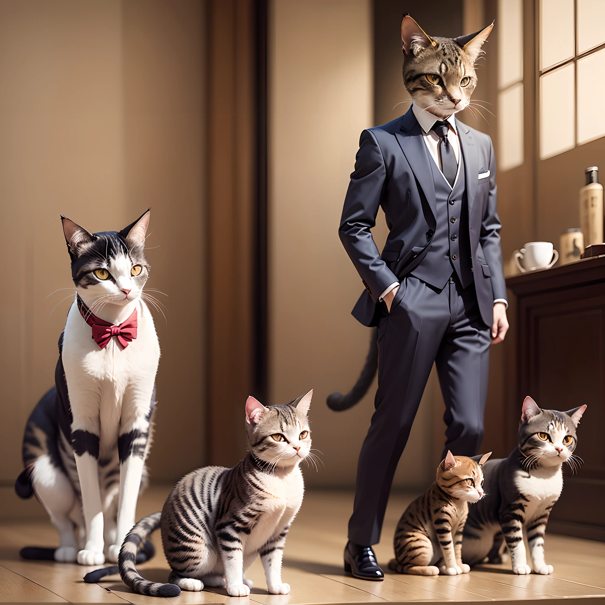 These cat models have a noble temperament,Wear elegant clothing,Just like a gentleman。Their posture is dignified、Walk gracefully,With gentlemanly demeanor and elegant etiquette。 --auto --s2