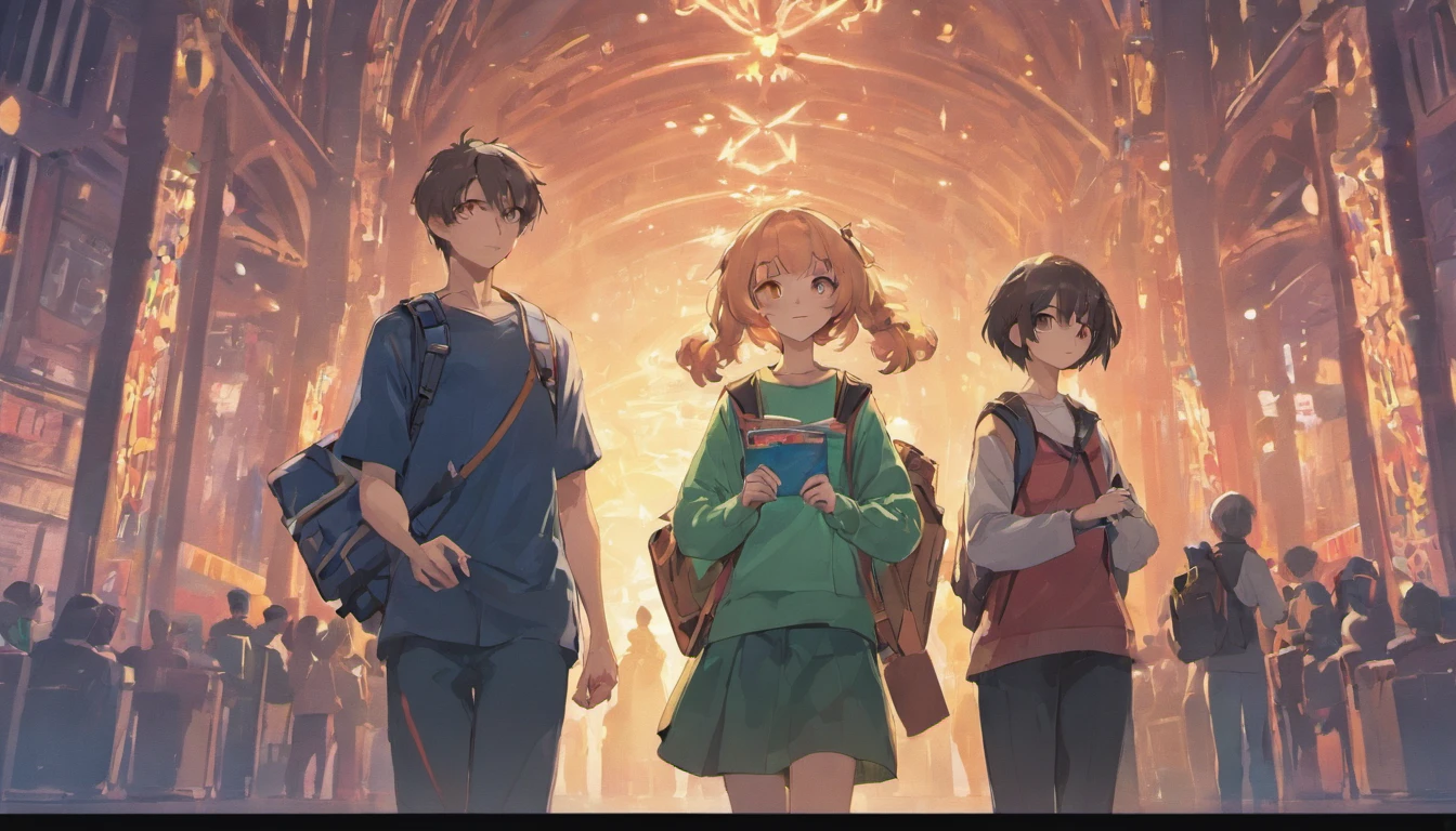 Two young men stood side by side，A man and a woman carry backpacks, The girl crossed her arms, The boy holds a book in his hand, Student, college aged, , ethnicity : Japanese, Beginner, photorender, close up portrait shot, Remove the background