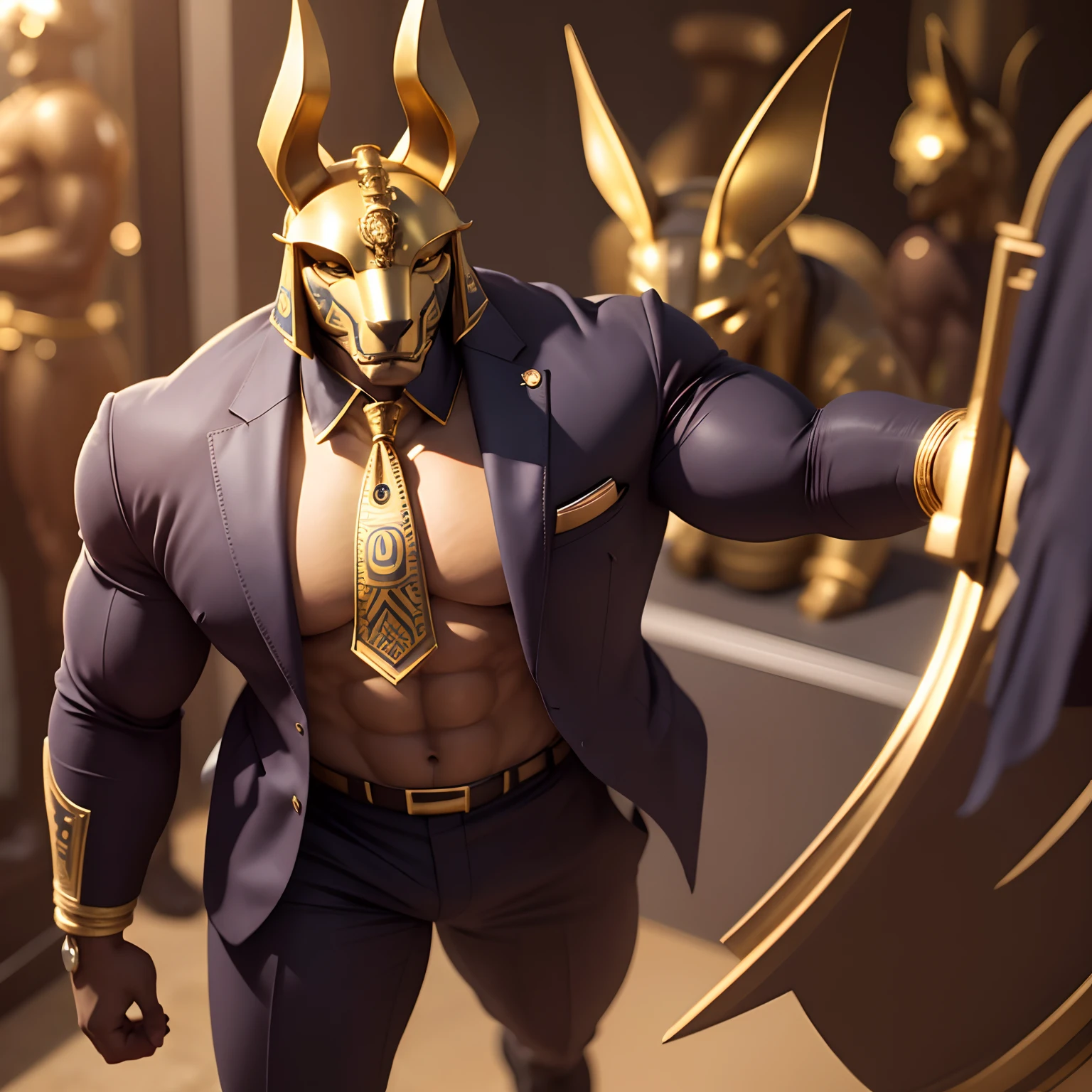 Anubis the egyptian god muscled with huge torso , huge arms ,huge pecs , huge lesgs , in suit with a tie like bodyguard outfit , full body