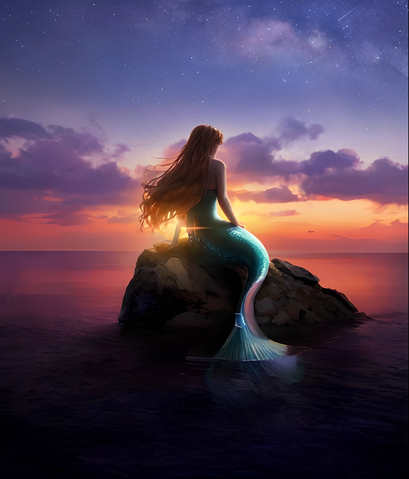 Mermaid sitting on a rock in the sea at sunset, beautiful mermaid, mermaid, beautiful digital works of art, Mermaid in the distance, a mermaid in the sea, by Alexander Kucharsky, Little Mermaid, goddess of the sea, Beautiful digital art, goddess of the sea, Portrait of the Mermaid, stunning photoshot, very beautiful photo, Mermaid tail, Beautiful depiction, Little Mermaid