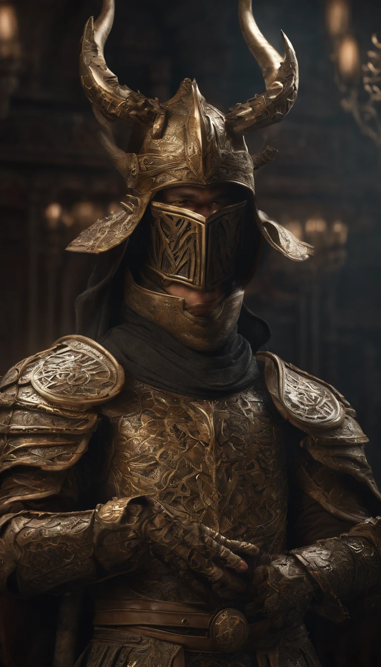 warrior, concept-art, Fantasy art, battleground background, clean render, a horned, Wear a suit of armor, Detailed bushido form smoke, No helmet, character is standing, 8k Realistic, in game render, detailed face background detail, Art station front page, taur, Pseudo-medieval fantasy, Skeleton of Koi armor, detailed bronze armor, Bronze armor, golden etched armor, gold obsidian armor, Light gold armor, Gorgeous filigree armor, skeleton warrior, Gorgeous armor full of thorns, Intricate assasin armor, Intricate metal armor, powerful warrior, Dressed in gorgeous gold armor,Decorated with intricate patterns, The helmet has a large crown and two horns,Glowing red eyes, Everything is in the dark, The smoky background hints at the battle scene, Add an ominous aura to his character,submission, Full body shot.comic strip