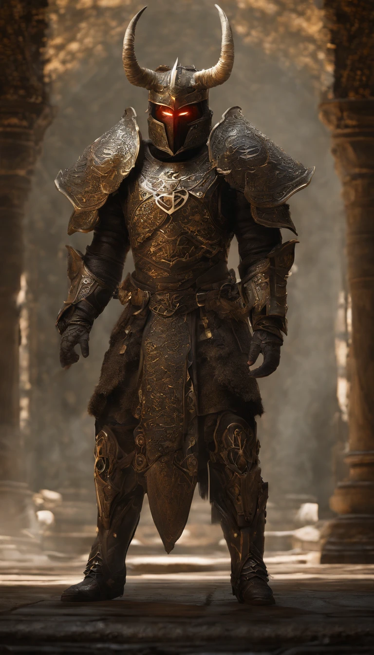 warrior, concept-art, Fantasy art, battleground background, clean render, a horned, Wear a suit of armor, Detailed bushido form smoke, No helmet, character is standing, 8k Realistic, in game render, detailed face background detail, Art station front page, taur, Pseudo-medieval fantasy, Skeleton of Koi armor, detailed bronze armor, Bronze armor, golden etched armor, gold obsidian armor, Light gold armor, Gorgeous filigree armor, skeleton warrior, Gorgeous armor full of thorns, Intricate assasin armor, Intricate metal armor, powerful warrior, Dressed in gorgeous gold armor,Decorated with intricate patterns, The helmet has a large crown and two horns,Glowing red eyes, Everything is in the dark, The smoky background hints at the battle scene, Add an ominous aura to his character,submission, Full body shot.comic strip