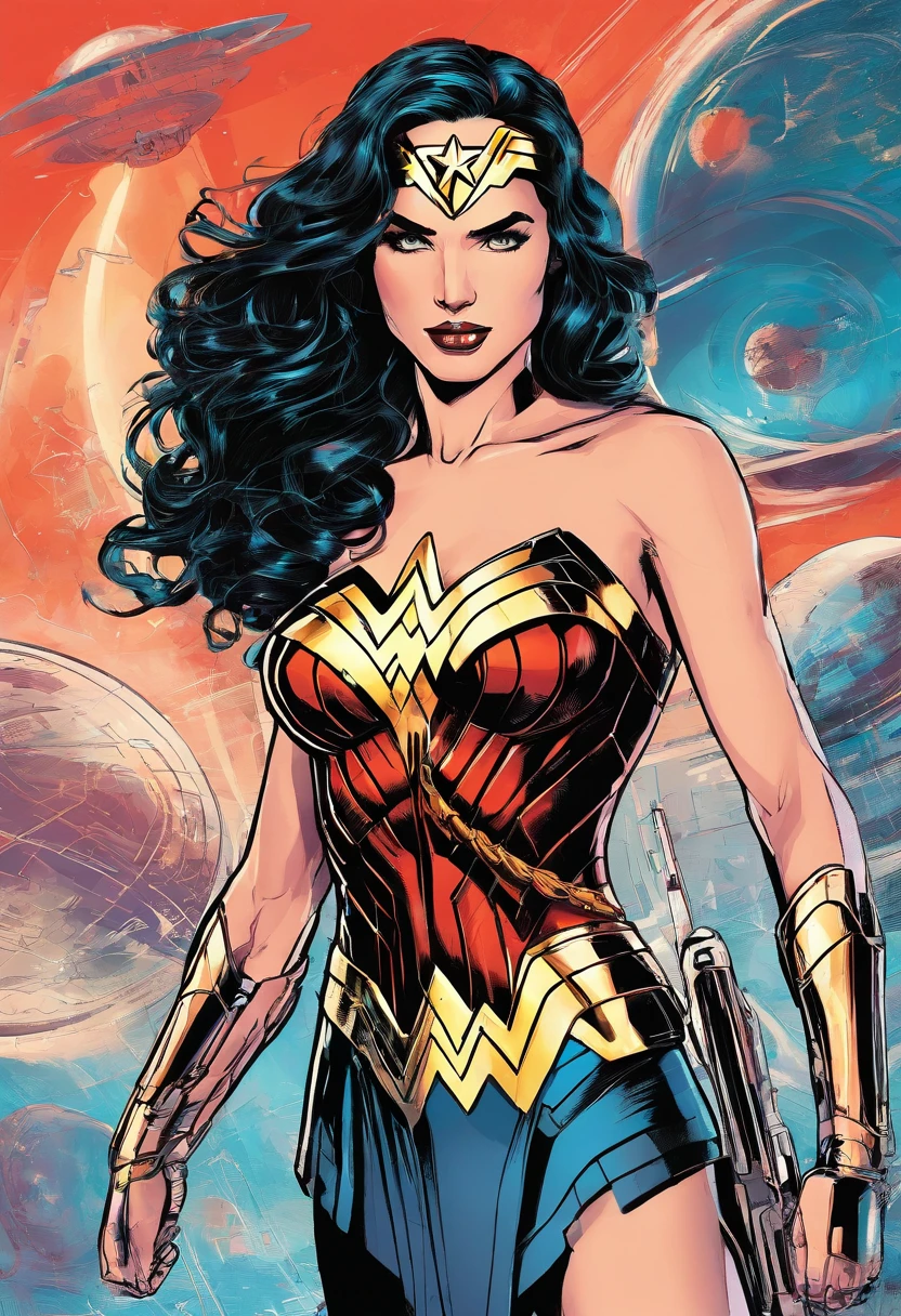 Rita Faltoyano vestindo um traje espacial justo branco com detalhes em vermelho futurista cybberpunk, while flying through space on a surfboard. (((corpo inteiro))) in comic book panel, full body, bold lineart illustration comic, seductive blue eyes, parted lips, perfect body, curvy, fitness, nsfw, in the style of Adam Hughes, (((obra prima))), (((adulto))) Explore retro-futuristic aesthetics, highlighting her confidence and skill as she challenges the limits of the cosmos.