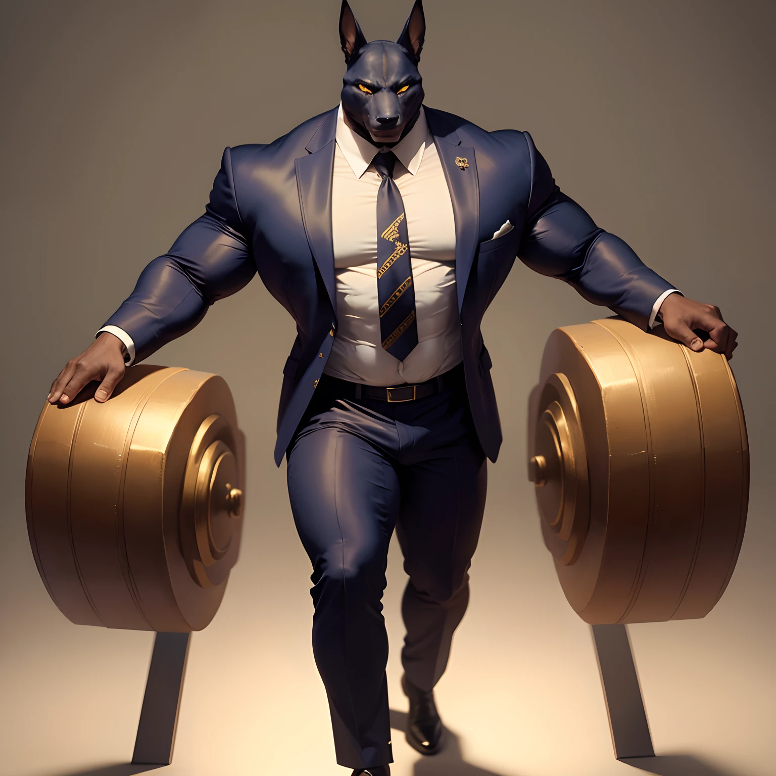 Anubis the egyptian god muscled with huge torso , huge arms ,huge pecs , huge lesgs , in suit with a tie like bodyguard outfit , full body