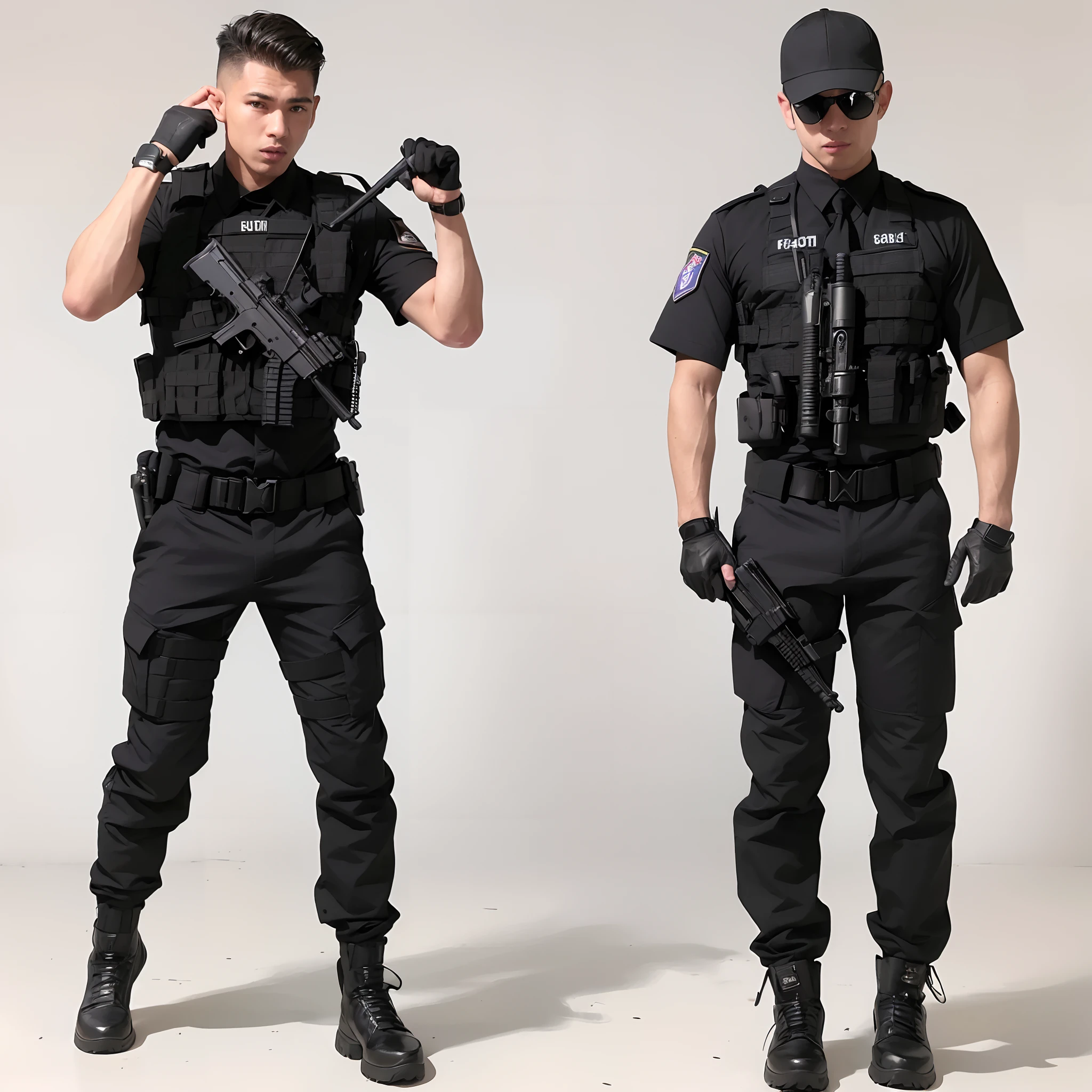 Arad men in black uniforms pose for a photo, Black tactical equipment, in black military uniform, black armored uniform, wearing black uniform, future soldier clothing, in a soldier uniform, wearing black modern clothes, Wear tactical gear, full soldier clothing, full uniform, Rough black clothes, soldier outfit, wearing black clothes, Police uniform, all black cyberpunk clothes