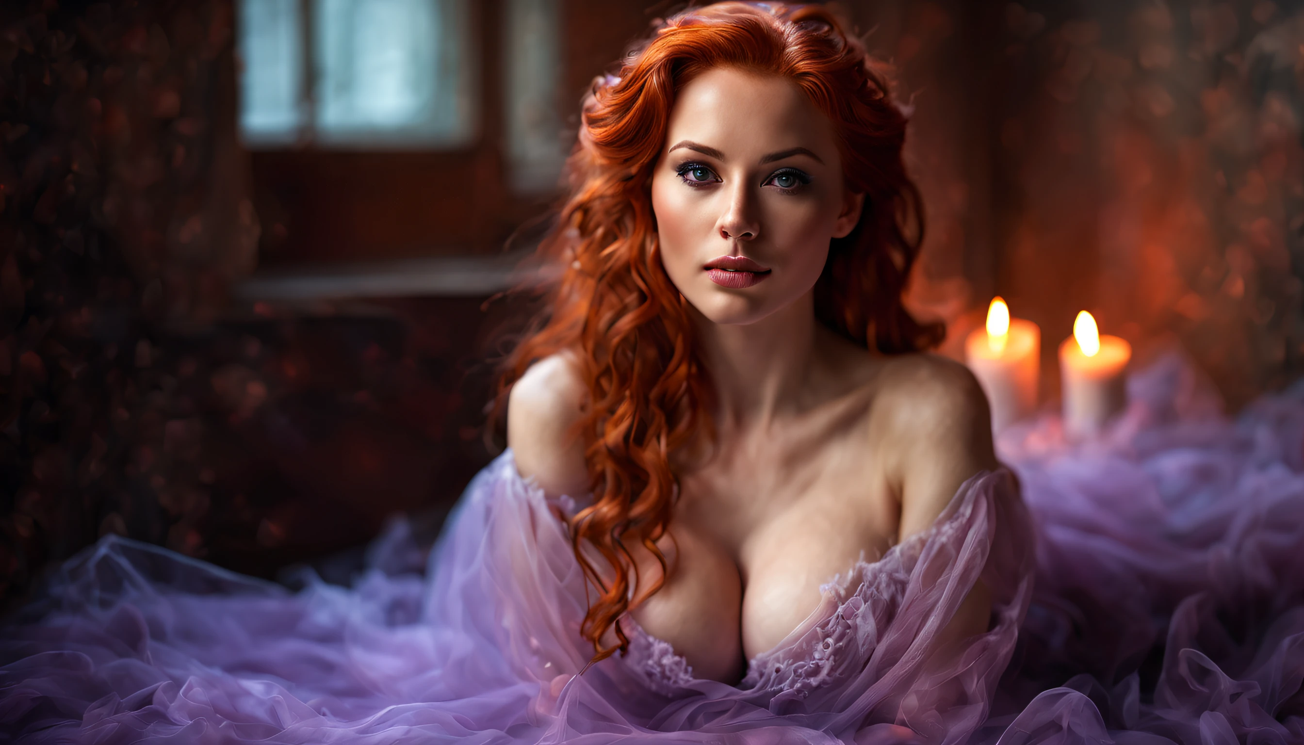 woman Erica Rose Campbell, redhead, photo RAW, realistic hands, skirtlift, (naked, cute, happy, vibrant, colorful, purple smokes and particles), award winning photography, natural light, perfect composition, a woman with red hair is sitting in a cauld, a pastel, by Alexander Kucharsky, cgsociety contest winner, fantasy art, milk bath photography, smoke hearts, purple smoke in the shape of hearts!, smoke in the shape of hearts!, bubbling cauldron!, fluffy skin, an orgy of colorful, sweetheart cleavage, in flowing light white short tulle sheer nightgown in romanticly decorated room with dark romantic lighting on fantasy silk bed, historic, small candles, flower petals, portrait of a young witch, sigma 85mm art, maxim sukharev, pink and purple, jean grey, hyper realistic, naked girl snow-white smile with big eyelashes beautiful makeup,nsfw, (realistic),photorealistic, hyperrealistic, sitting, (photorealistic face),(1girl), (breasts:1.7), wet scine, sharp focus,(8k), (4k),long hair, (Masterpiece), (Best Quality), fantasy, extremely detailed, intricate, hyper detailed, (perfect face), illustration,soft lighting,(specular lighting:1.4),blue eyes, long hair ,(wide hips 0.4),(narrow waist 0.1),(big breasts 1.5), skin detail, [32k hd]^10, HDR, uhd, iStock, 300 dpi - RGB, 4640 x 6960 pixel. full hd wallpapers, 3d,