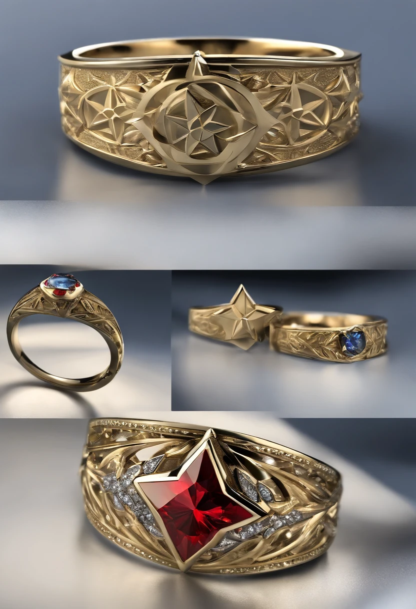 ((Commemorative ring design)),(Sparkling brass)，Ring concept blueprint，Display display，（Engraved with a five-pointed star），（Bas-relief style）