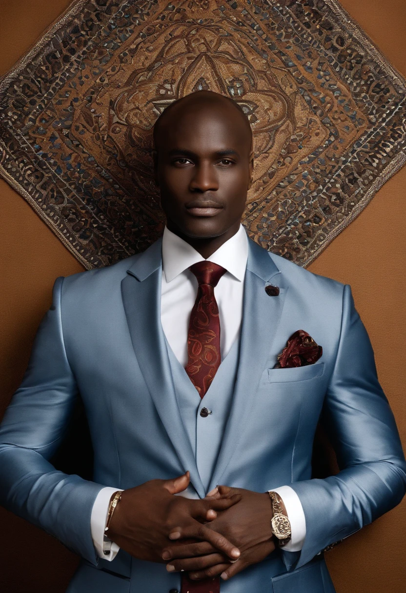 Homme africain, cinquantaine, petits yeux, Slight smile, cheveux gris, costume, devant ordinateur, image commerciale, Realstic, photo HD, high resolucion, costume, chemise, cravate, bureau, ordinateurs, costume ????, chemise bleue, cravate, rouge, cravate motifs africains, mains sur bureau, elderly;