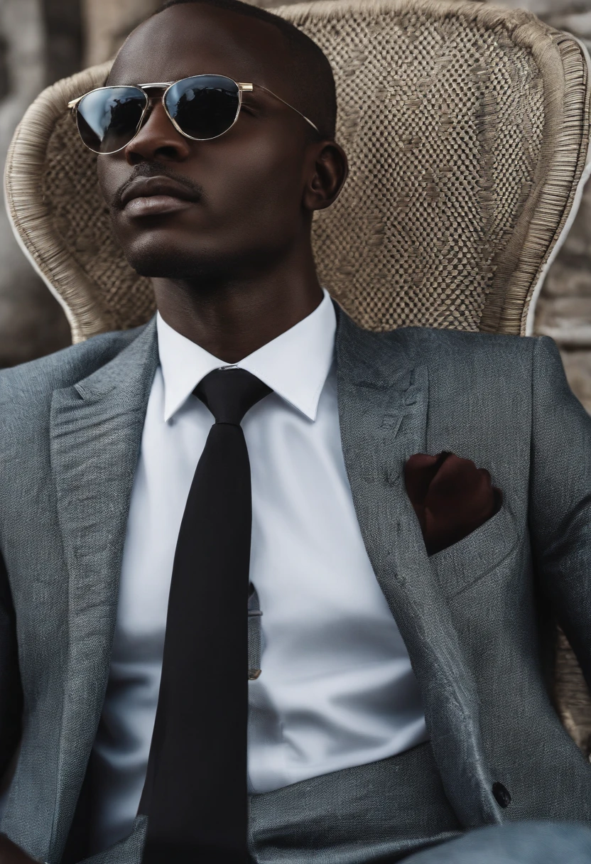 Homme africain, cinquantaine, petits yeux, Slight smile, cheveux gris, costume, devant ordinateur, image commerciale, Realstic, photo HD, high resolucion, costume, chemise, cravate, bureau, ordinateurs, costume noir, chemise bleue, cravate, rouge, cravate motifs africains, mains sur bureau, elderly;