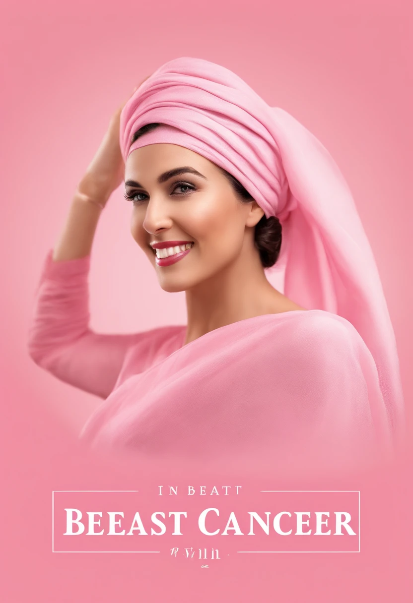 A smiling woman with a pink scarf on her head, holding a sign with the text 'I beat breast cancer' on a light pink background, com o logo do seaart.in the lower right corner and the phrase 'Seaart.AI supports breast cancer prevention and early diagnosis' in a modern and sleek style