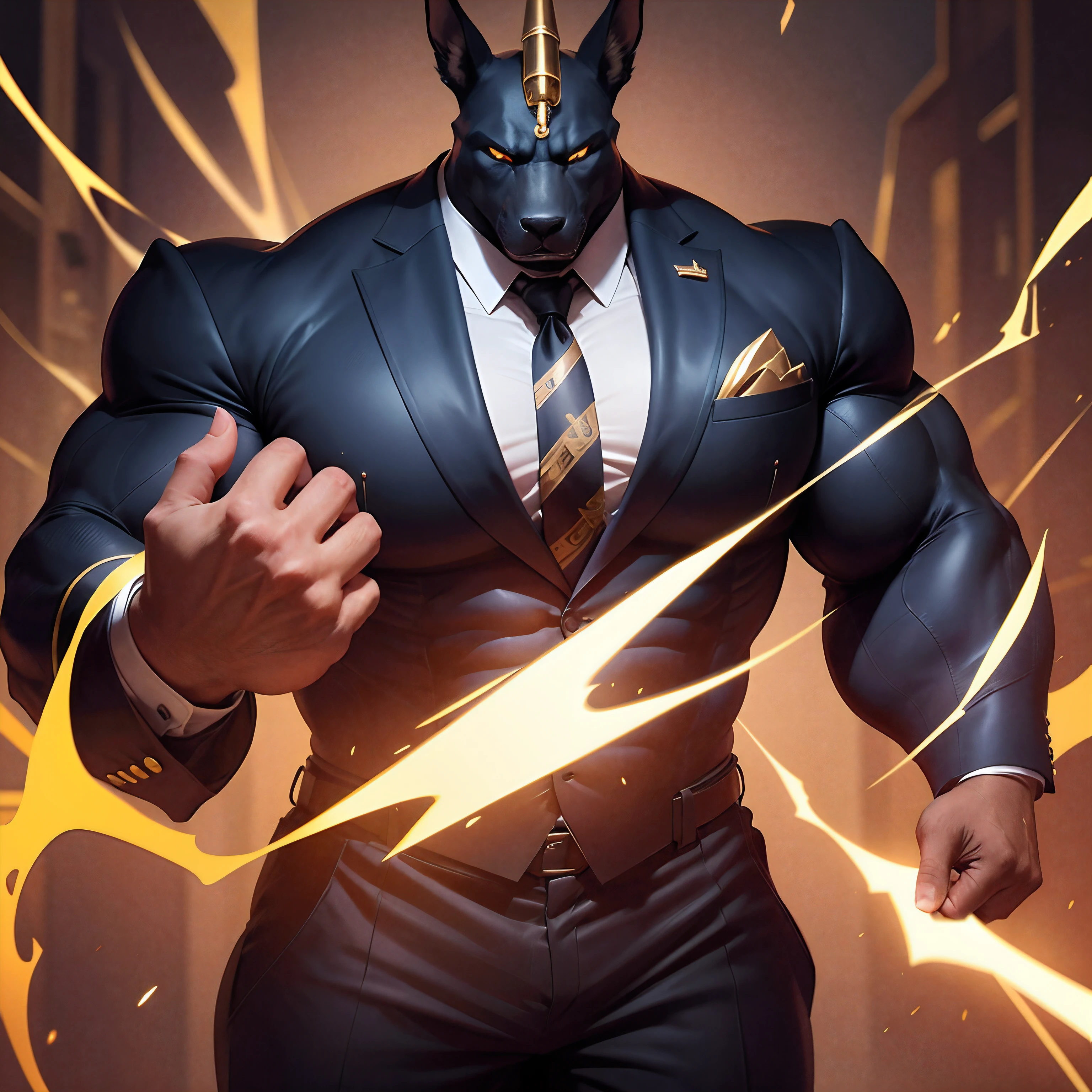 Anubis the egyptian god muscled with huge torso , huge arms ,huge pecs , huge lesgs , in suit with a tie like bodyguard outfit , full body