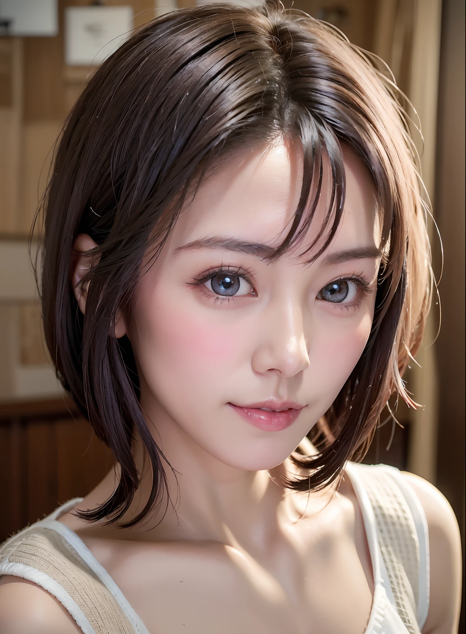 Summer knit with short hair and white, summer knit, Short hair, short hair with bangs, Cute face girl, Cute little face in portrait, French Bob, pale fair skin!!, soft portrait shot 8 k, Beautiful light eyes, Beautiful young girl, Young girl in a bob cut, Top image quality, masutepiece