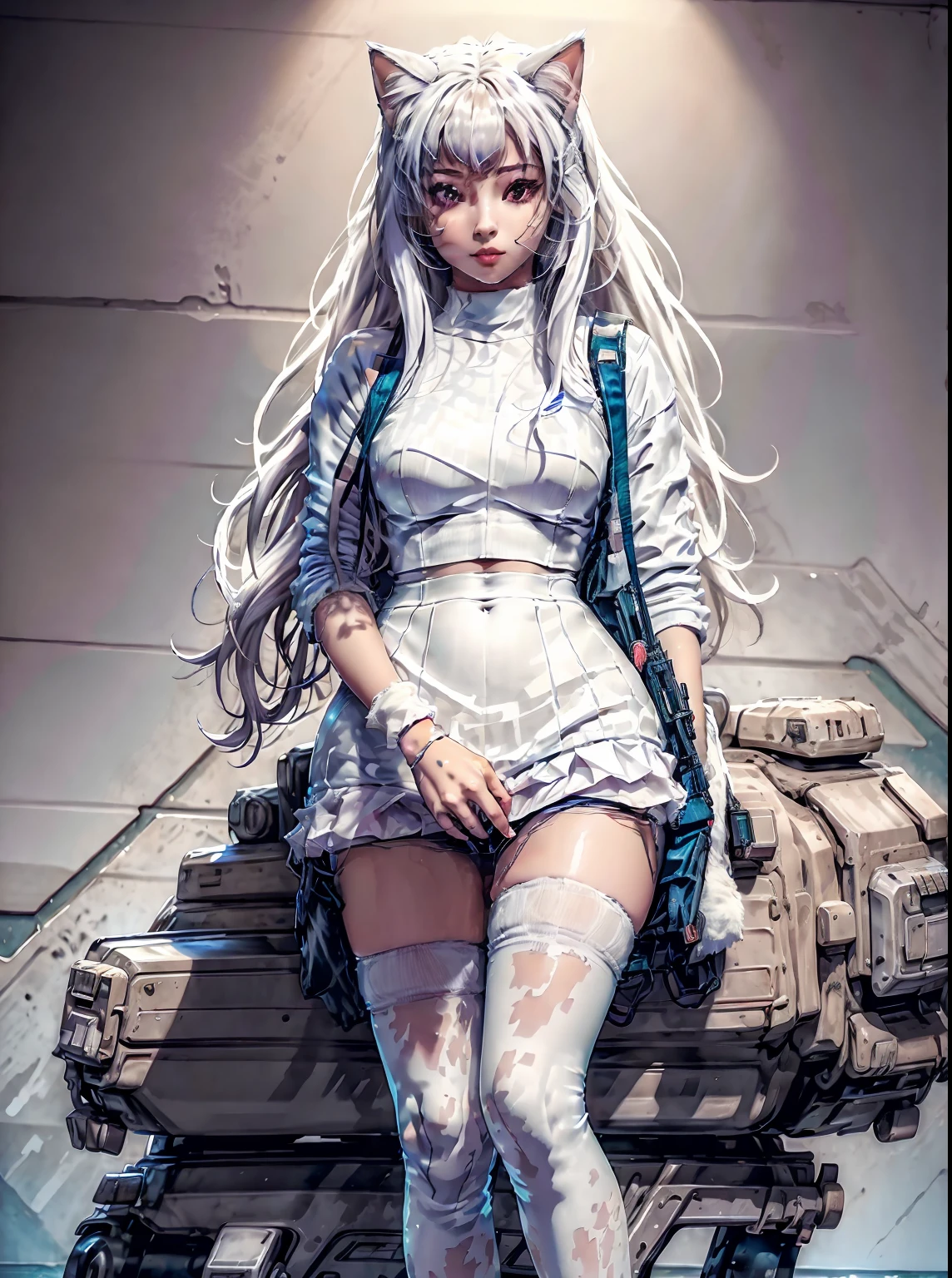 there is a woman in a short skirt posing in a room, seductive anime girl, white cat girl, advanced digital art, cyberpunk anime girl, barbie in white stockings, cute cyborg girl, digital cyberpunk art, realistic cyberpunk art, digital cyberpunk - realistic art, digital advanced realistic art, attractive cat girl, anime style 4 k, very beautiful  girl, riding with cat,