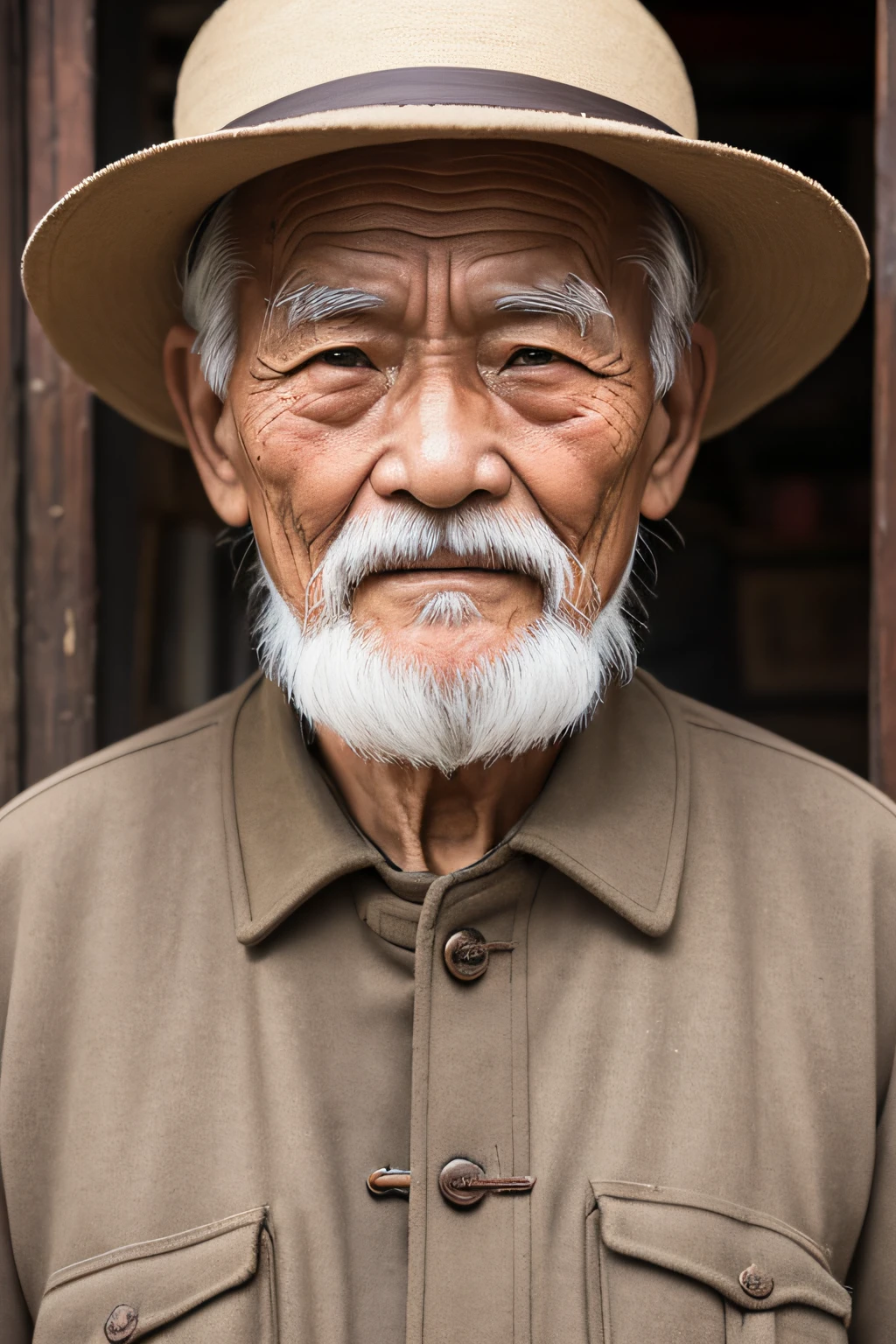 An old man with traditional Chinese thinking,Real frontal photos,Authentic background,The background is nature,Holding a book,worn-out clothing,Face full of wrinkles,80-year-old man,Wise eyes,The beard is white,male people,country style