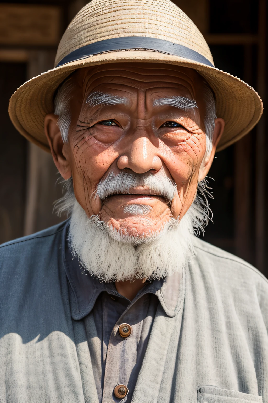 An old man with traditional Chinese thinking，Real frontal photos，Authentic background，The background is nature，Holding a book，worn-out clothing，Face full of wrinkles，80-year-old man，Wise eyes，The beard is white，male people，country style