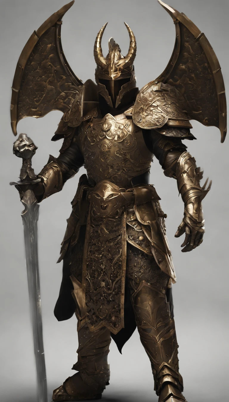 warrior, concept-art, Fantasy art, battleground background, clean render, a horned, Wear a suit of armor, Detailed bushido form smoke, No helmet, character is standing, 8k Realistic, in game render, detailed face background detail, Art station front page, taur, Pseudo-medieval fantasy, Skeleton of Koi armor, detailed bronze armor, Bronze armor, golden etched armor, gold obsidian armor, Light gold armor, Gorgeous filigree armor, skeleton warrior, Gorgeous armor full of thorns, Intricate assasin armor, Intricate metal armor, powerful warrior, Dressed in gorgeous gold armor,Decorated with intricate patterns, The helmet has a large crown and two horns,Glowing red eyes, Everything is in the dark, The smoky background hints at the battle scene, Add an ominous aura to his character,submission, Full body shot.