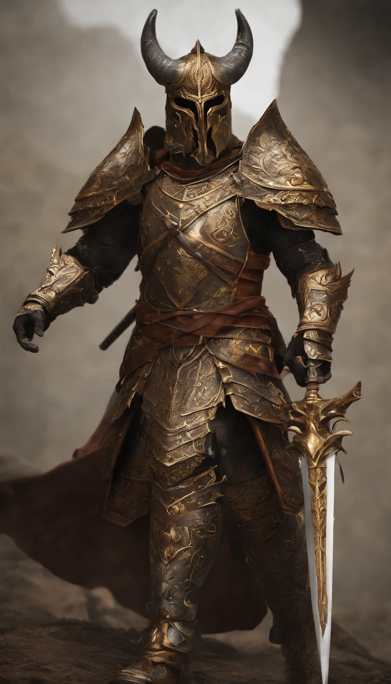 warrior, concept-art,  Fantasy art, battleground background, clean render, a horned, Wear a suit of armor, Detailed bushido form smoke, No helmet, character is standing, 8k Realistic, in game render, detailed face background detail, Art station front page, taur, Pseudo-medieval fantasy, Skeleton of Koi armor, detailed bronze armor, Bronze armor, golden etched armor, gold obsidian armor, Light gold armor, Gorgeous filigree armor, skeleton warrior, Gorgeous armor full of thorns, Intricate assasin armor, Intricate metal armor, powerful warrior, Dressed in gorgeous gold armor，Decorated with intricate patterns, The helmet has a large crown and two horns,Glowing red eyes， Everything is in the dark, The smoky background hints at the battle scene, Add an ominous aura to his character，submission, Full body shot.