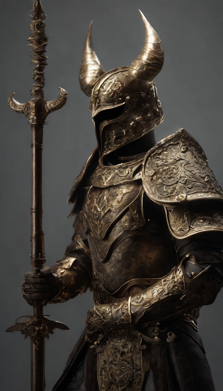 warrior, concept-art,  Fantasy art, battleground background, clean render, a horned, Wear a suit of armor, Detailed bushido form smoke, No helmet, character is standing, 8k Realistic, in game render, detailed face background detail, Art station front page, taur, Pseudo-medieval fantasy, Skeleton of Koi armor, detailed bronze armor, Bronze armor, golden etched armor, gold obsidian armor, Light gold armor, Gorgeous filigree armor, skeleton warrior, Gorgeous armor full of thorns, Intricate assasin armor, Intricate metal armor, powerful warrior, Dressed in gorgeous gold armor，Decorated with intricate patterns, The helmet has a large crown and two horns,Glowing red eyes， Everything is in the dark, The smoky background hints at the battle scene, Add an ominous aura to his character，submission, Full body shot.