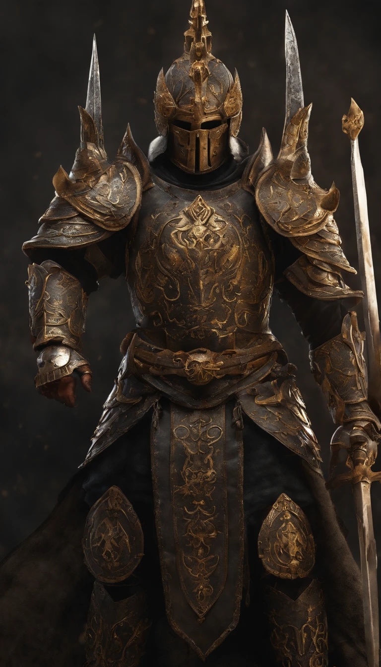 warrior, concept-art, Fantasy art, battleground background, clean render, a horned, Wear a suit of armor, Detailed bushido form smoke, No helmet, character is standing, 8k Realistic, in game render, detailed face background detail, Art station front page, taur, Pseudo-medieval fantasy, Skeleton of Koi armor, detailed bronze armor, Bronze armor, golden etched armor, gold obsidian armor, Light gold armor, Gorgeous filigree armor, skeleton warrior, Gorgeous armor full of thorns, Intricate assasin armor, Intricate metal armor, powerful warrior, Dressed in gorgeous gold armor,Decorated with intricate patterns, The helmet has a large crown and two horns,Glowing red eyes, Everything is in the dark, The smoky background hints at the battle scene, Add an ominous aura to his character,submission, Full body shot.