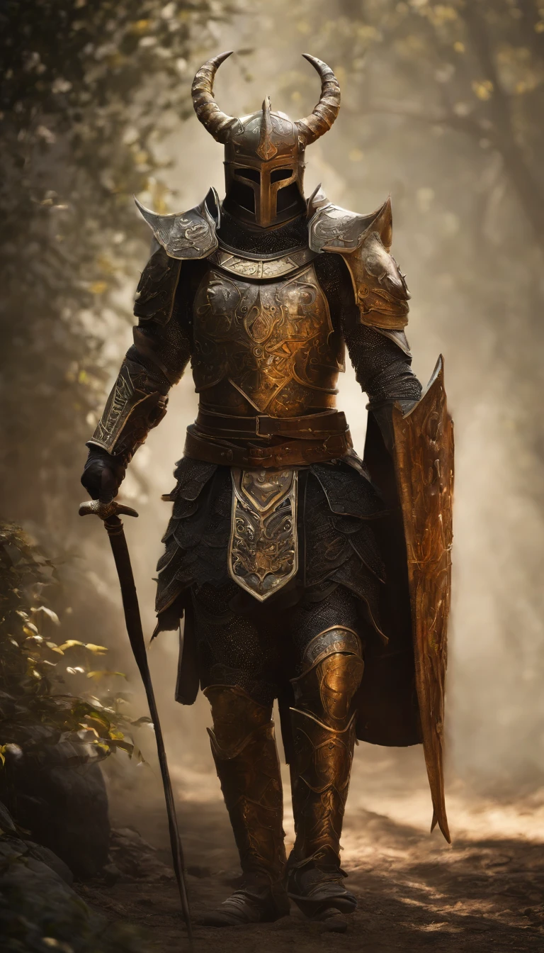 warrior, concept-art,  Fantasy art, battleground background, clean render, a horned, Wear a suit of armor, Detailed bushido form smoke, No helmet, character is standing, 8k Realistic, in game render, detailed face background detail, Art station front page, taur, Pseudo-medieval fantasy, Skeleton of Koi armor, detailed bronze armor, Bronze armor, golden etched armor, gold obsidian armor, Light gold armor, Gorgeous filigree armor, skeleton warrior, Gorgeous armor full of thorns, Intricate assasin armor, Intricate metal armor, powerful warrior, Dressed in gorgeous gold armor，Decorated with intricate patterns, The helmet has a large crown and two horns,Glowing red eyes， Everything is in the dark, The smoky background hints at the battle scene, Add an ominous aura to his character，submission, Full body shot.