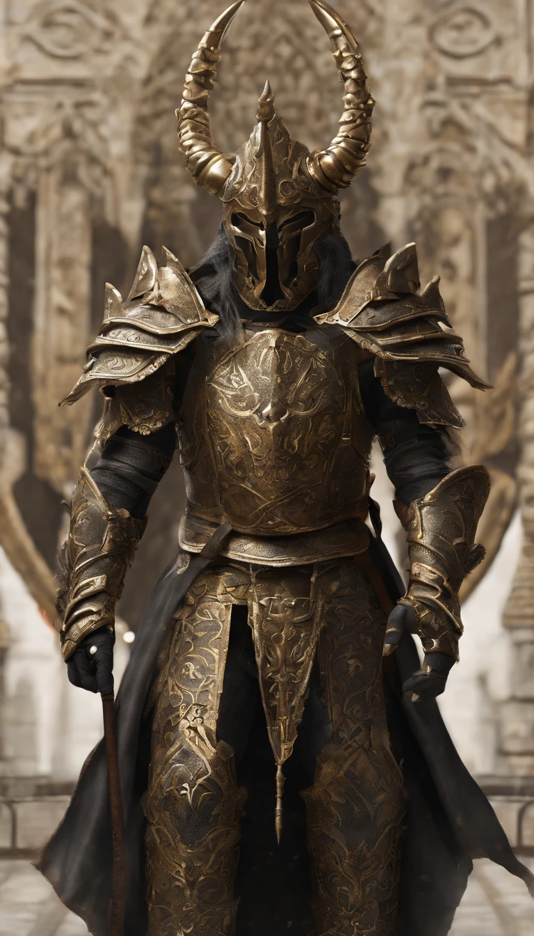 warrior, concept-art, Fantasy art, battleground background, clean render, a horned, Wear a suit of armor, Detailed bushido form smoke, No helmet, character is standing, 8k Realistic, in game render, detailed face background detail, Art station front page, taur, Pseudo-medieval fantasy, Skeleton of Koi armor, detailed bronze armor, Bronze armor, golden etched armor, gold obsidian armor, Light gold armor, Gorgeous filigree armor, skeleton warrior, Gorgeous armor full of thorns, Intricate assasin armor, Intricate metal armor, powerful warrior, Dressed in gorgeous gold armor,Decorated with intricate patterns, The helmet has a large crown and two horns,Glowing red eyes, Everything is in the dark, The smoky background hints at the battle scene, Add an ominous aura to his character,submission, Full body shot.
