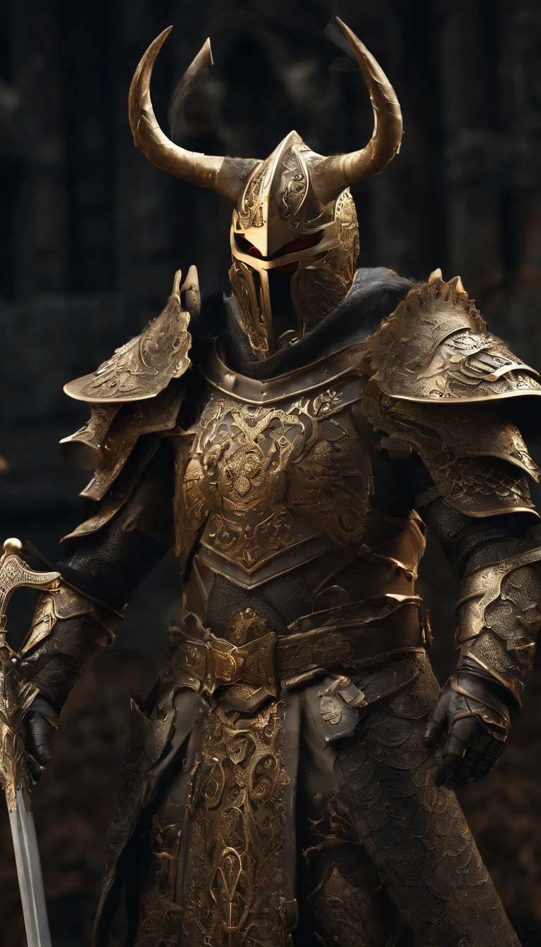 warrior, concept-art,  Fantasy art, battleground background, clean render, a horned, Wear a suit of armor, Detailed bushido form smoke, No helmet, character is standing, 8k Realistic, in game render, detailed face background detail, Art station front page, taur, Pseudo-medieval fantasy, Skeleton of Koi armor, detailed bronze armor, Bronze armor, golden etched armor, gold obsidian armor, Light gold armor, Gorgeous filigree armor, skeleton warrior, Gorgeous armor full of thorns, Intricate assasin armor, Intricate metal armor, powerful warrior, Dressed in gorgeous gold armor，Decorated with intricate patterns, The helmet has a large crown and two horns,Glowing red eyes， Everything is in the dark, The smoky background hints at the battle scene, Add an ominous aura to his character，submission, Full body shot.