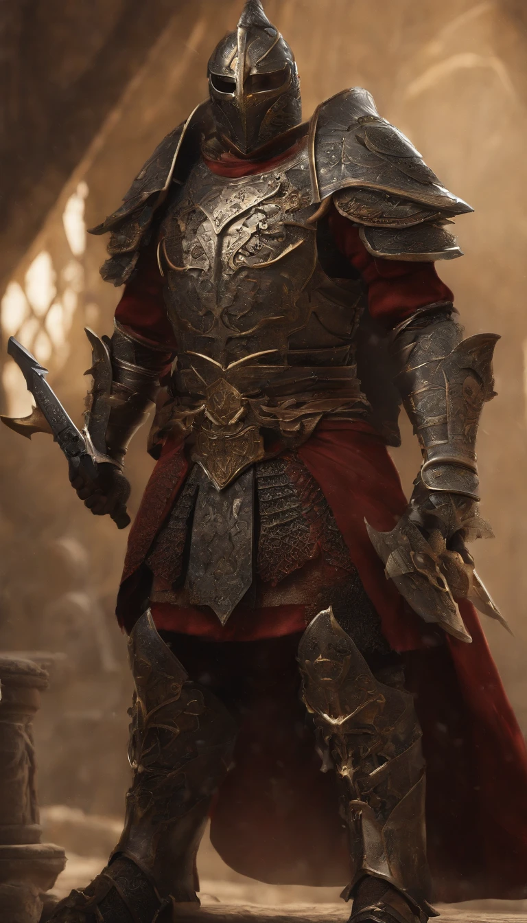 warrior, concept-art, Fantasy art, battleground background, clean render, a horned, Wear a suit of armor, Detailed bushido form smoke, No helmet, character is standing, 8k Realistic, in game render, detailed face background detail, Art station front page, taur, Pseudo-medieval fantasy, Skeleton of Koi armor, detailed bronze armor, Bronze armor, golden etched armor, gold obsidian armor, Light gold armor, Gorgeous filigree armor, skeleton warrior, Gorgeous armor full of thorns, Intricate assasin armor, Intricate metal armor, powerful warrior, Dressed in gorgeous gold armor,Decorated with intricate patterns, The helmet has a large crown and two horns,Glowing red eyes, Everything is in the dark, The smoky background hints at the battle scene, Add an ominous aura to his character,submission, Full body shot.