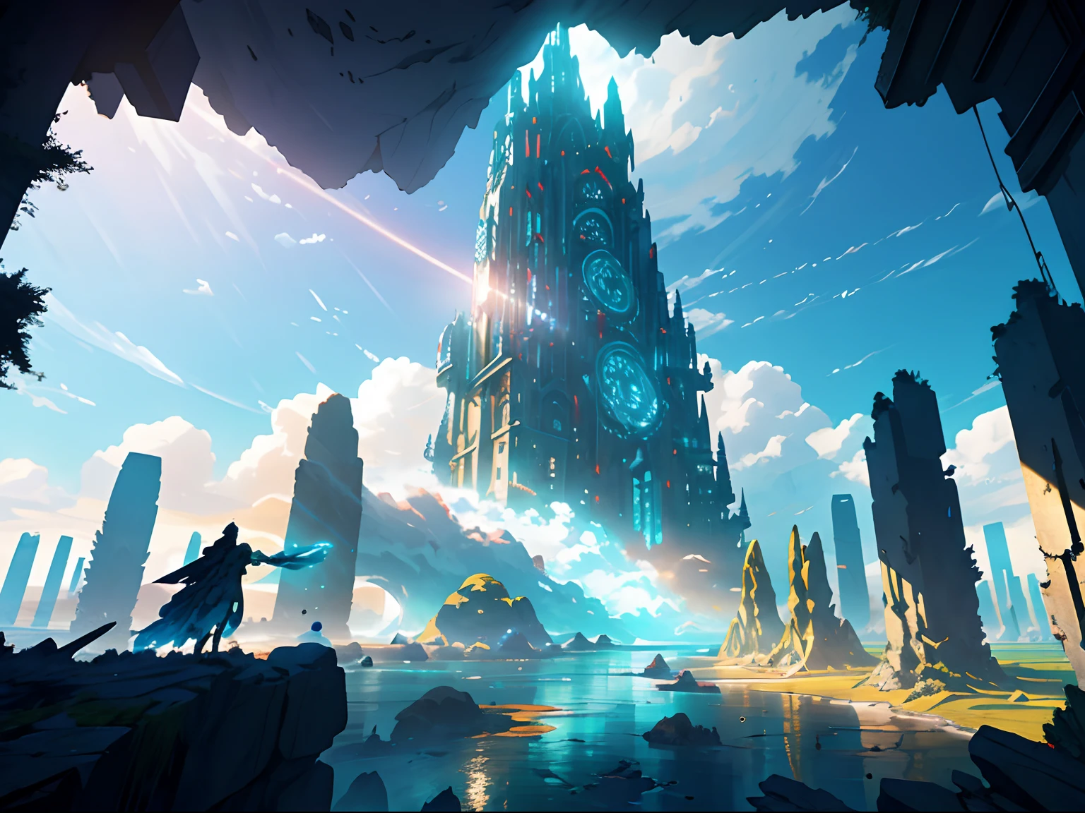 masterpiece、top-quality、hightquality、Highly detailed CG Unity 8k wallpapers、Surreal giant cyan、Tower that pierces the heavens、Futuristic prehistoric village、Splattering water、sandy debris、Lens Flare、sunshaft、Fluffy clouds、ultra-detailliert、HDR、Bloom、Photorealsitic、ultra-detailliert