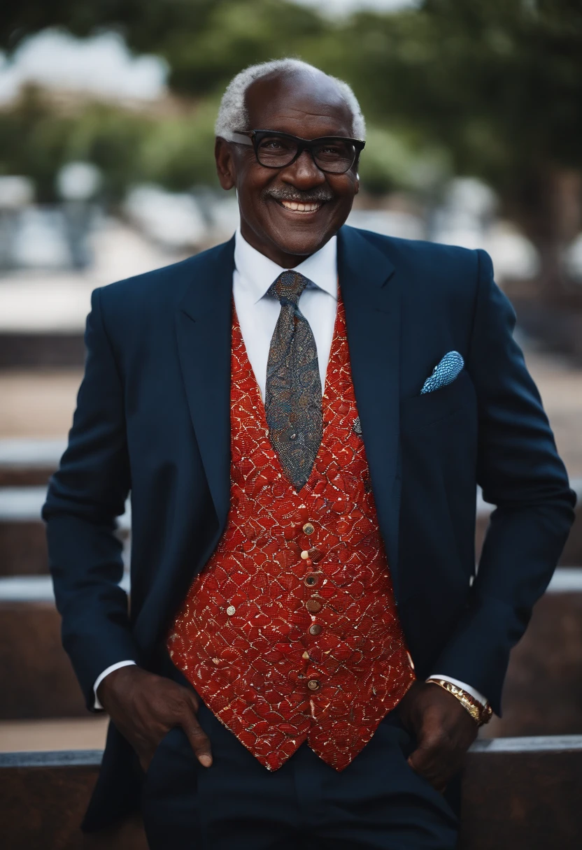 Homme africain, elderly, petits yeux, sourire, cheveux gris, costume, devant ordinateur, image commerciale, Realstic, photo HD, high resolucion, costume, chemise, cravate, bureau, ordinateurs, costume noir, chemise bleue, cravate, rouge, cravate motifs africains, mains sur bureau, computer turned on;