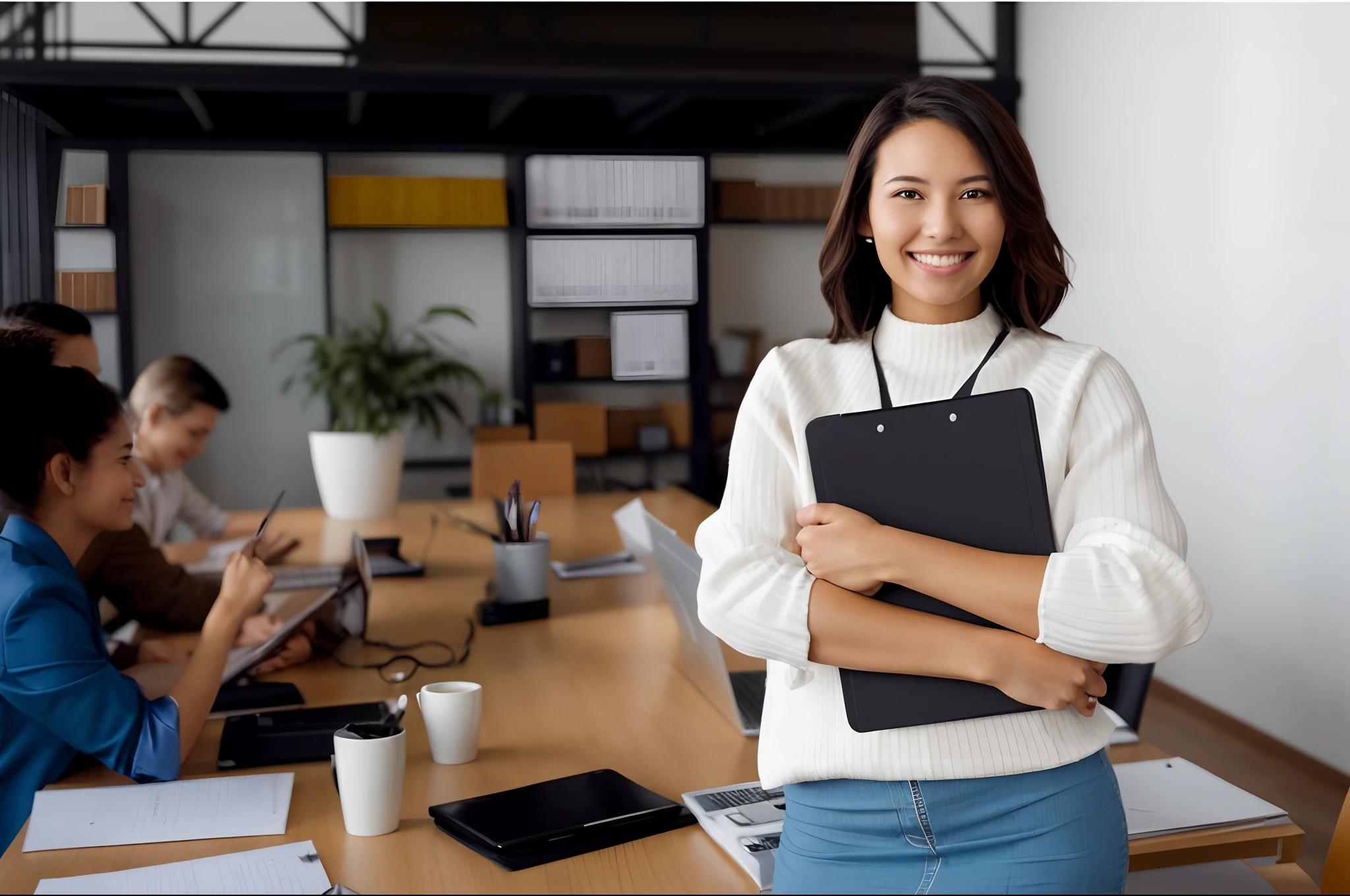 smiling woman holding a folder standing in front of a group of people, young business woman, wearing business casual dress, very appealing, working in an office, professional image, outstanding detail, with a figure in the background, great proportions, holding a clipboard, female in office dress, a person standing in front of a, shoulder in front pose