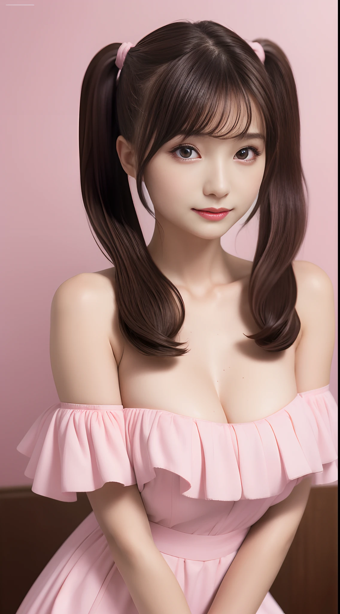 ((1girl in)), ((Best Quality)), (Ultra-detailed), (extremely detailed CG unified 8k wallpaper), Highly detailed, High-definition raw color photos, Professional Photography, ((twintails hairstyle)), Brown hair, Amazing face and eyes, Pink eyes, (amazingly beautiful girl), off shoulders, Pink background, ((fashionable cafe)),NSFW、