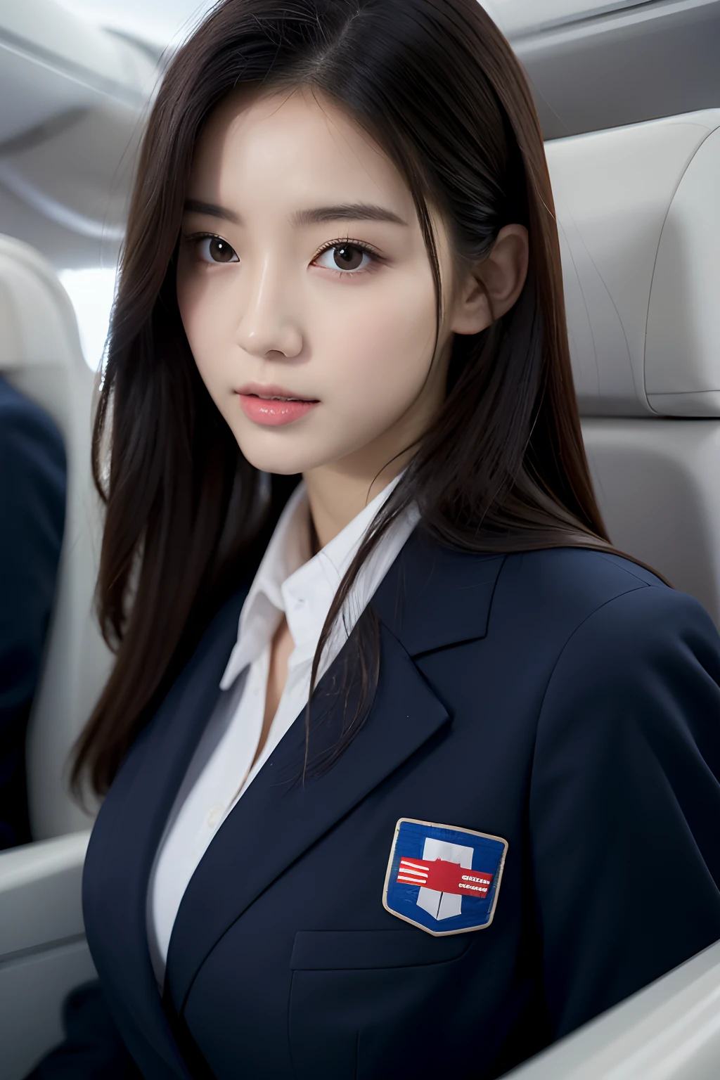 top-quality, ​masterpiece, 8K, 超A high resolution, (Photorealsitic:1.4), 1girl in、beautiful countenance、symmetrical eye、Colossal tits、Perfect body proportion、Stewardess uniform、Look at viewers、(Inside the plane:1.2)、front-facing view、Shoulder、long legged(1.3)、