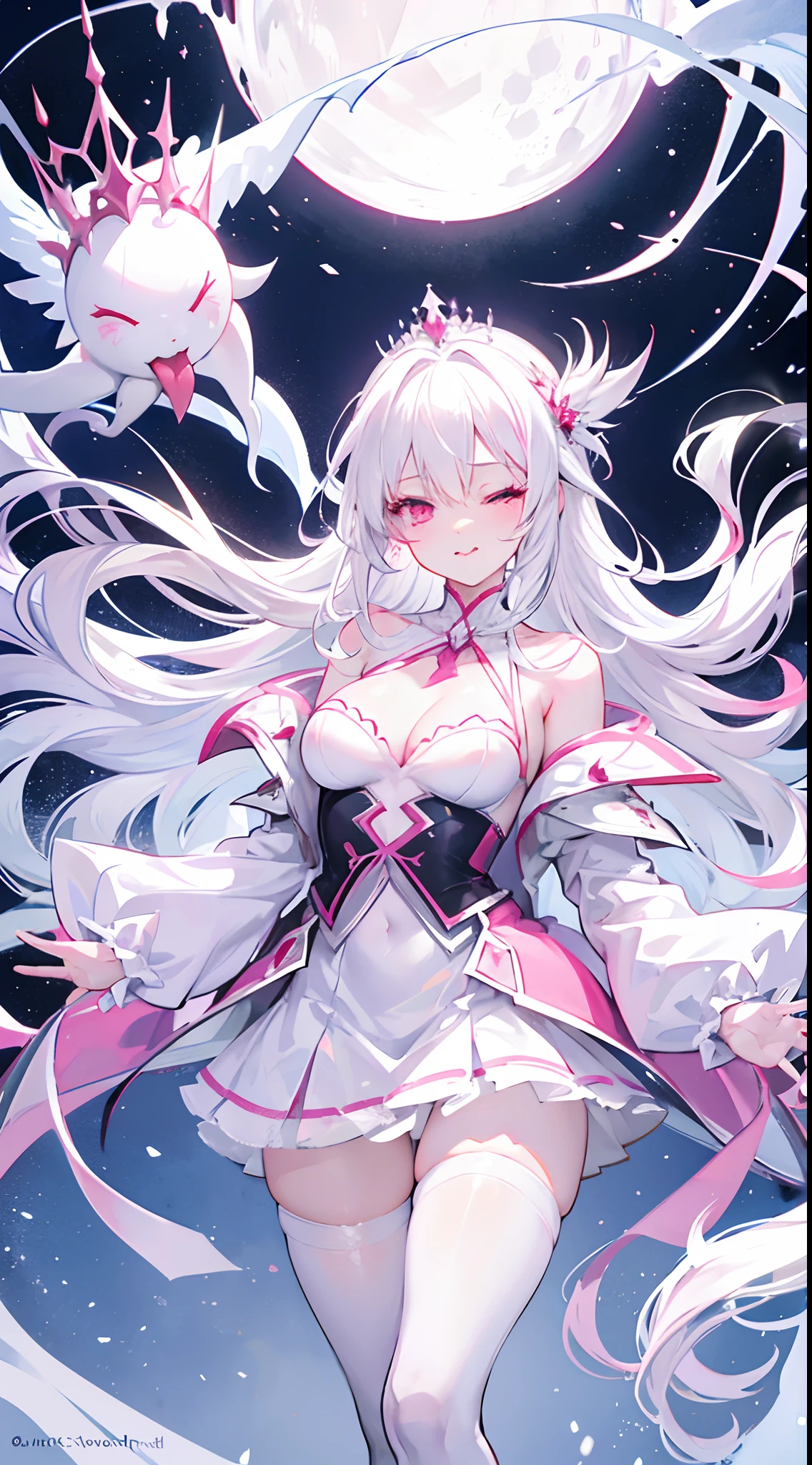 Long snow-white hair,Pink eyes,White tights covering the neck,Stick out your tongue,Protruding chest,Be red in the face,Grimacing,One eye closed,With an ice crystal crown,Surrounded by cute ghosts floating around,